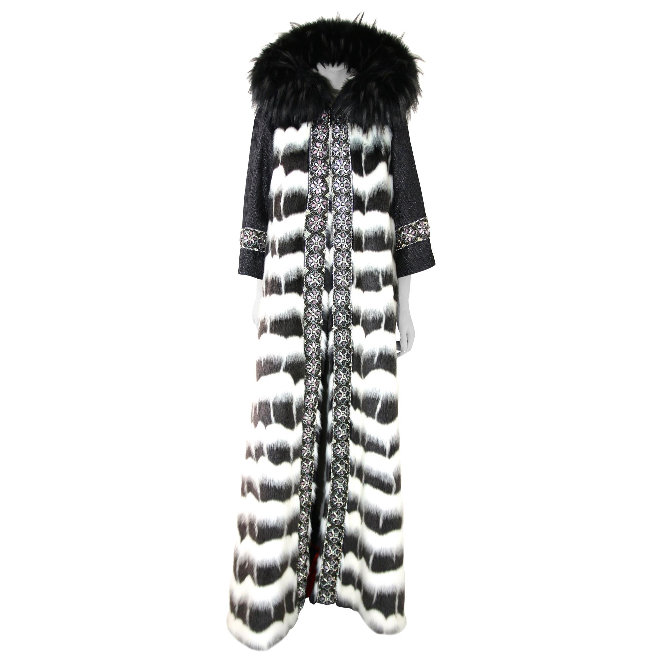 Pelush Black and White Faux Fur Caftan Coat Full-Length w/Hood - Small