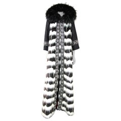 Used Pelush Black and White Faux Fur Caftan Coat Full-Length w/Hood - Small