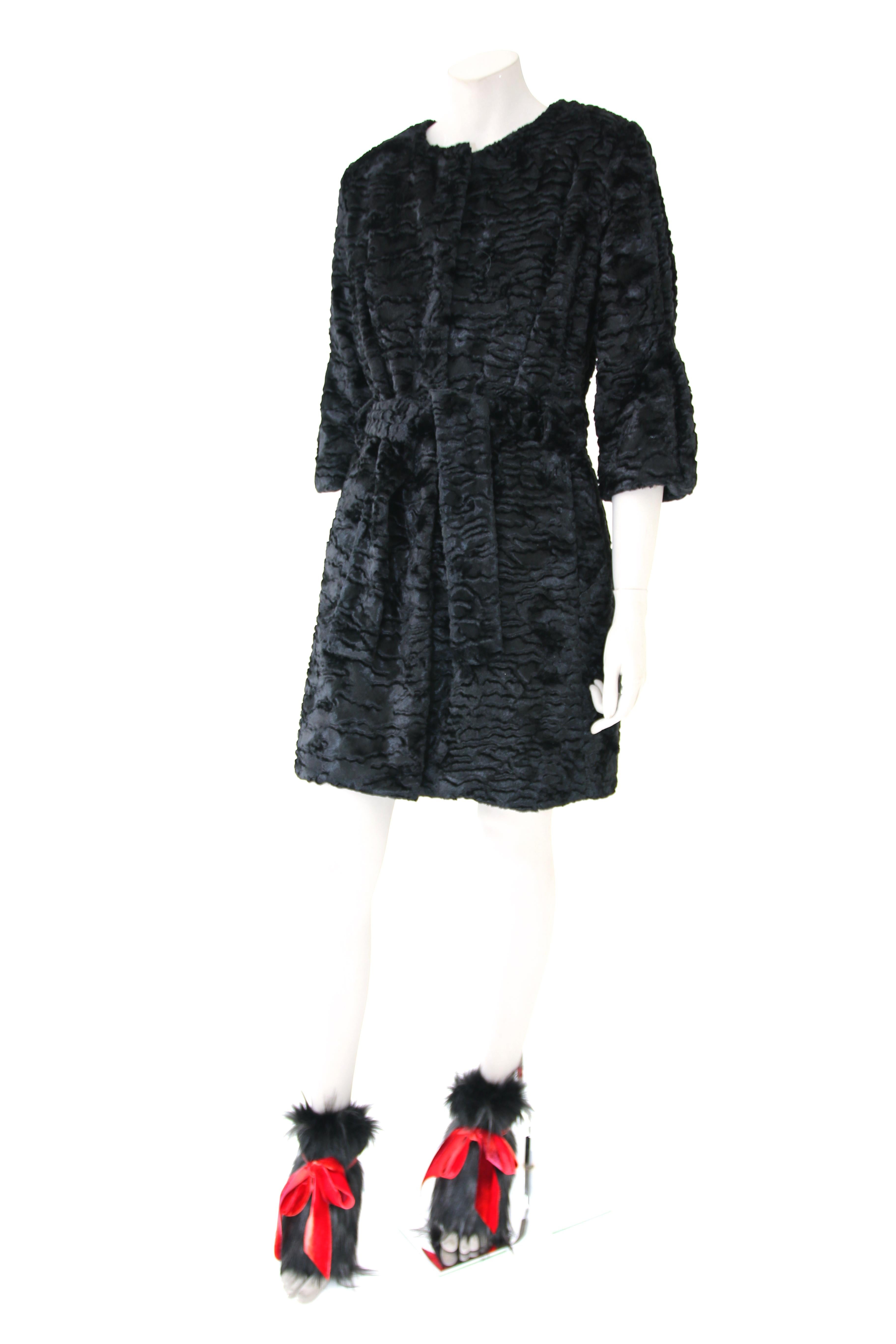 Pelush Black Astrakhan Faux Fur Coat With Belt - Small -  (1/M Available) In New Condition For Sale In Greenwich, CT
