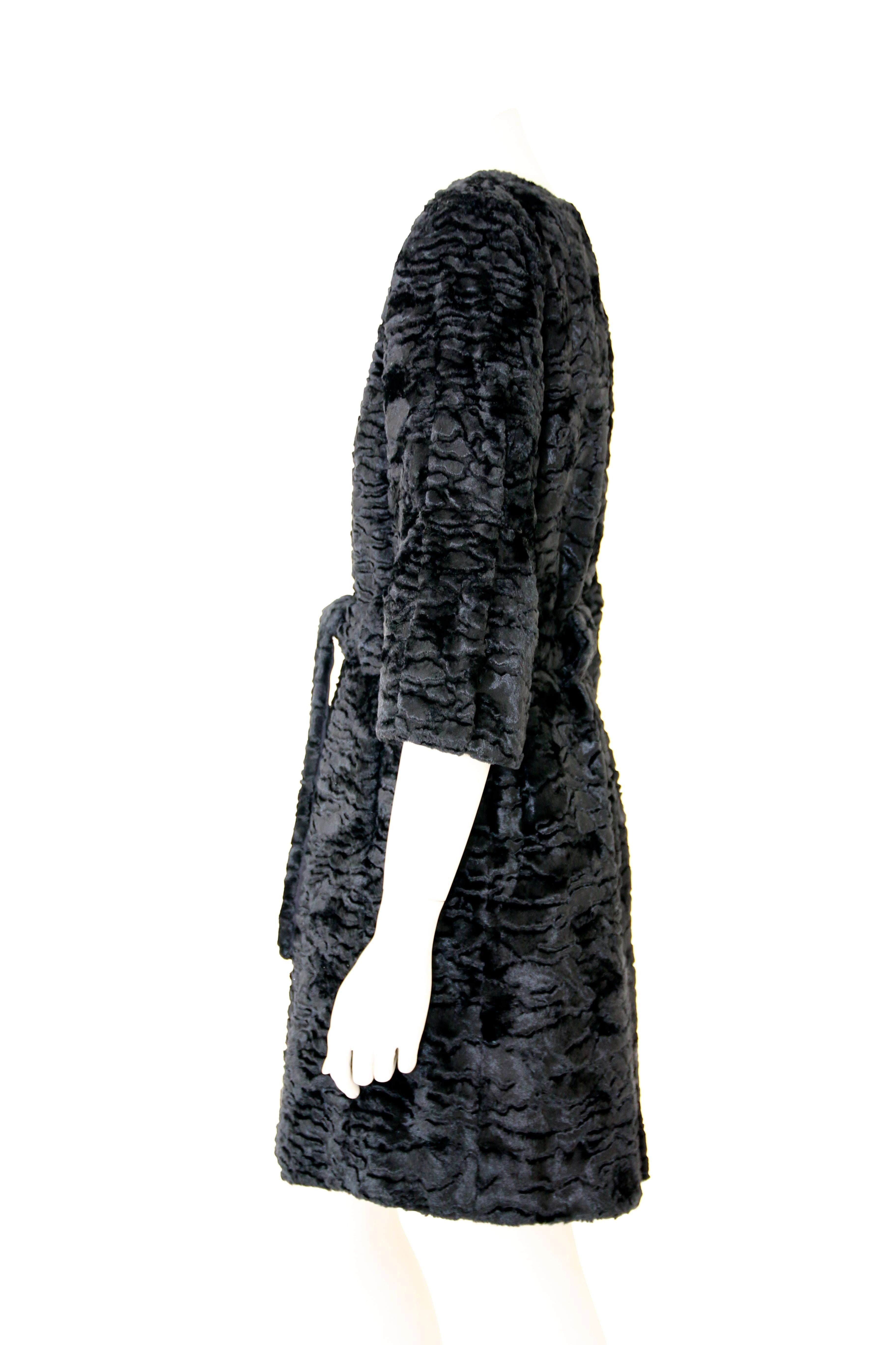 Women's Pelush Black Astrakhan Faux Fur Coat With Belt - Small -  (1/M Available) For Sale
