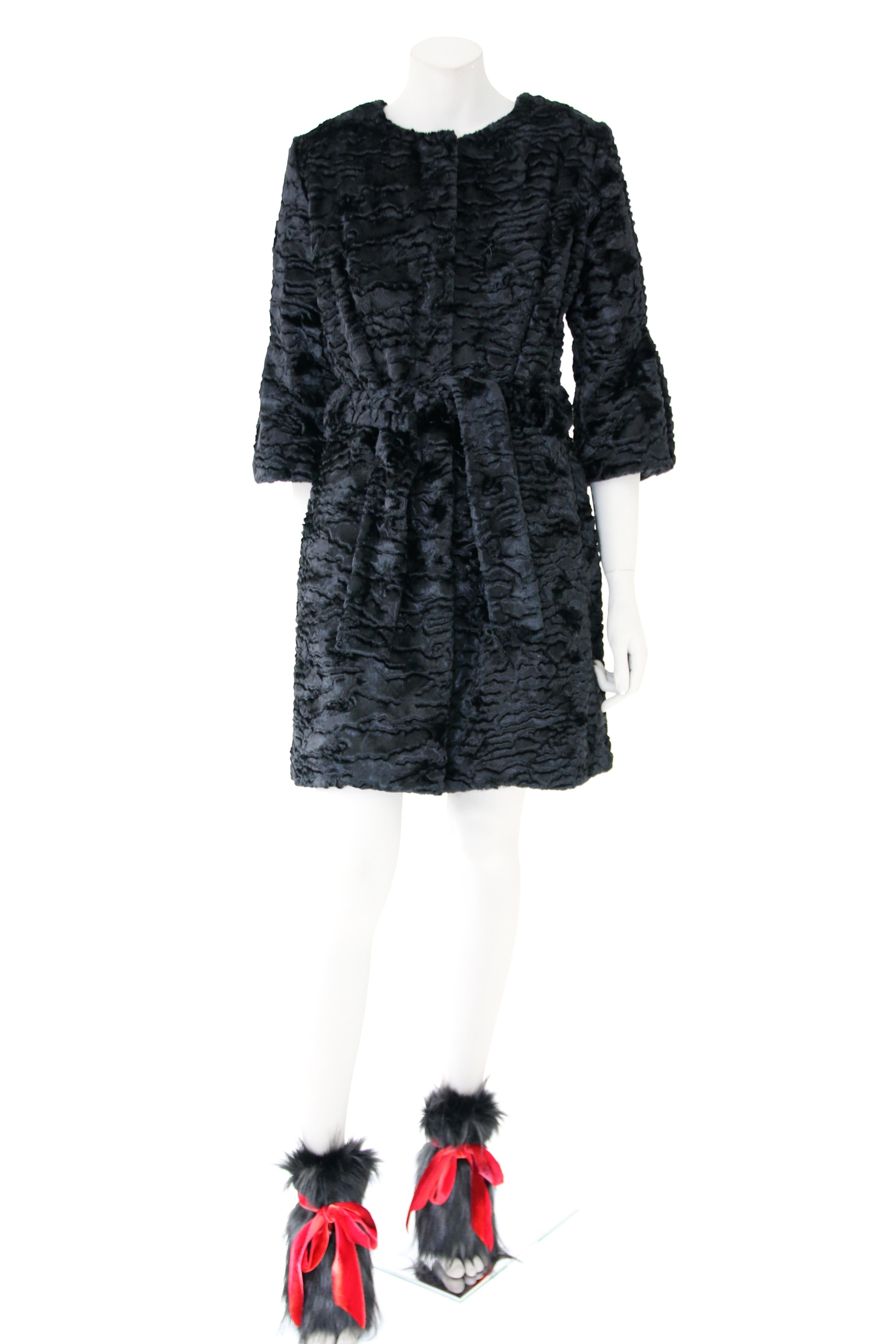 Pelush Black Astrakhan Faux Fur Coat With Belt - Small -  (1/M Available) For Sale 1