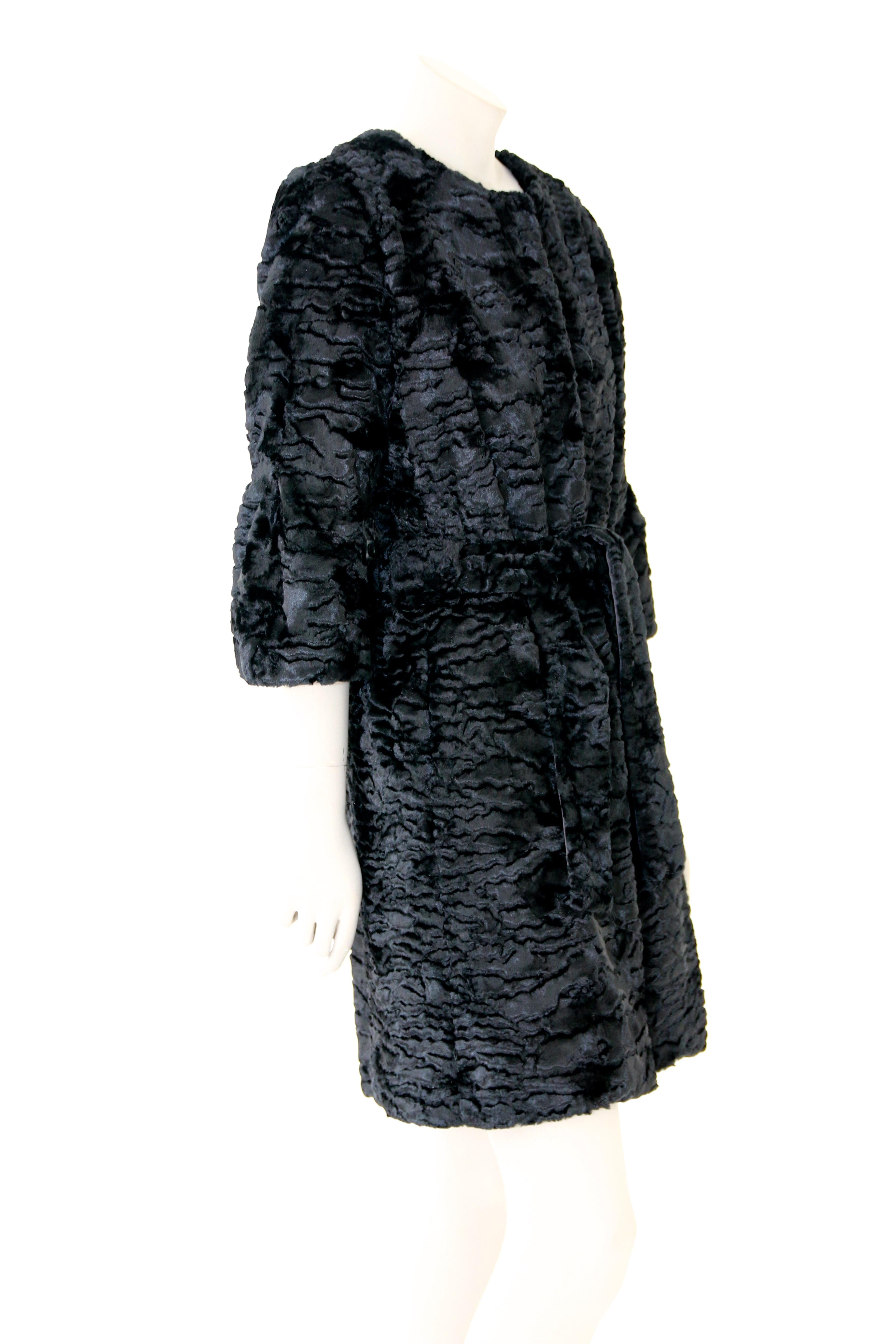 Pelush Black Astrakhan Faux Fur Coat With Belt - Small -  (1/M Available) For Sale 2