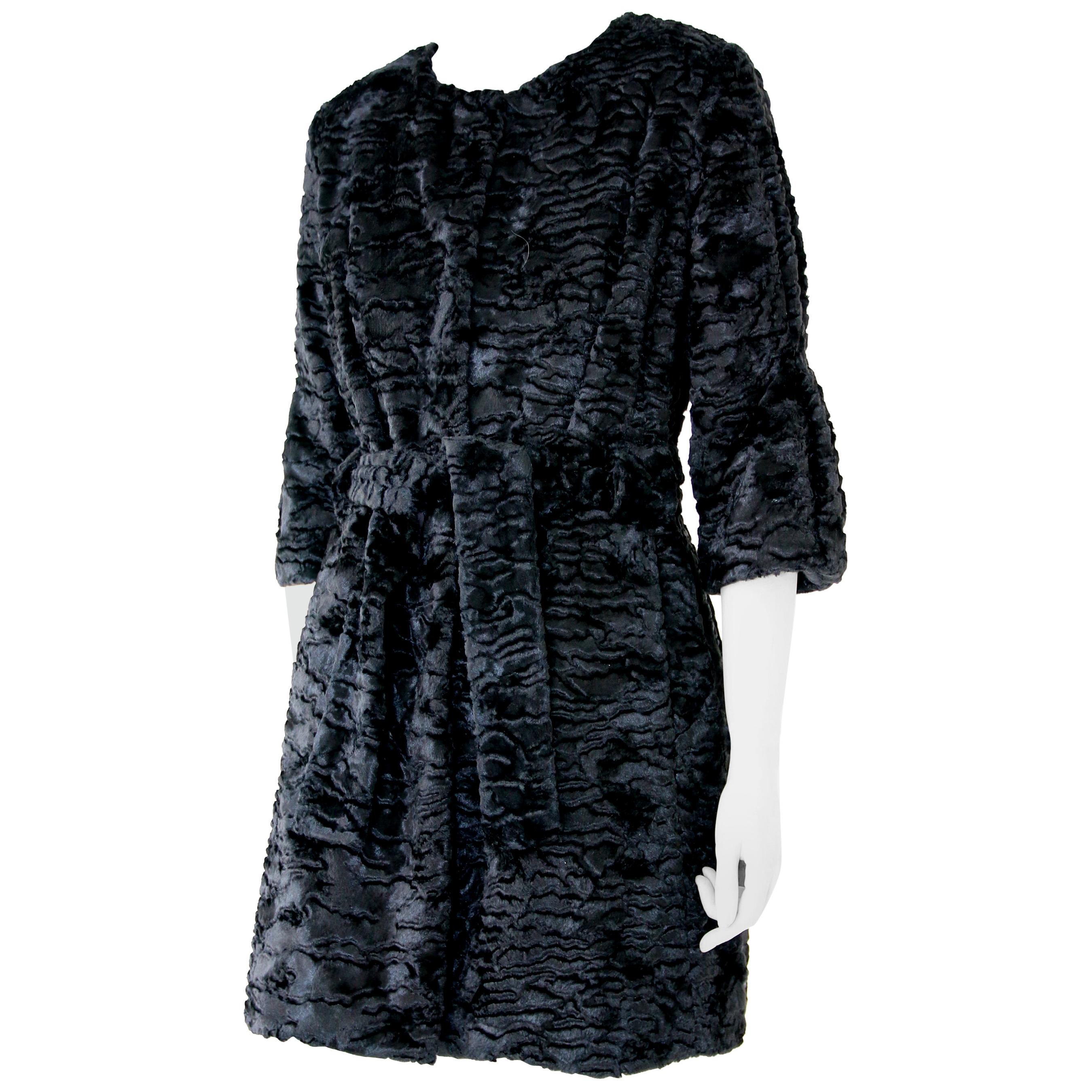 Pelush Black Astrakhan Faux Fur Coat With Belt - Small -  (1/M Available) For Sale
