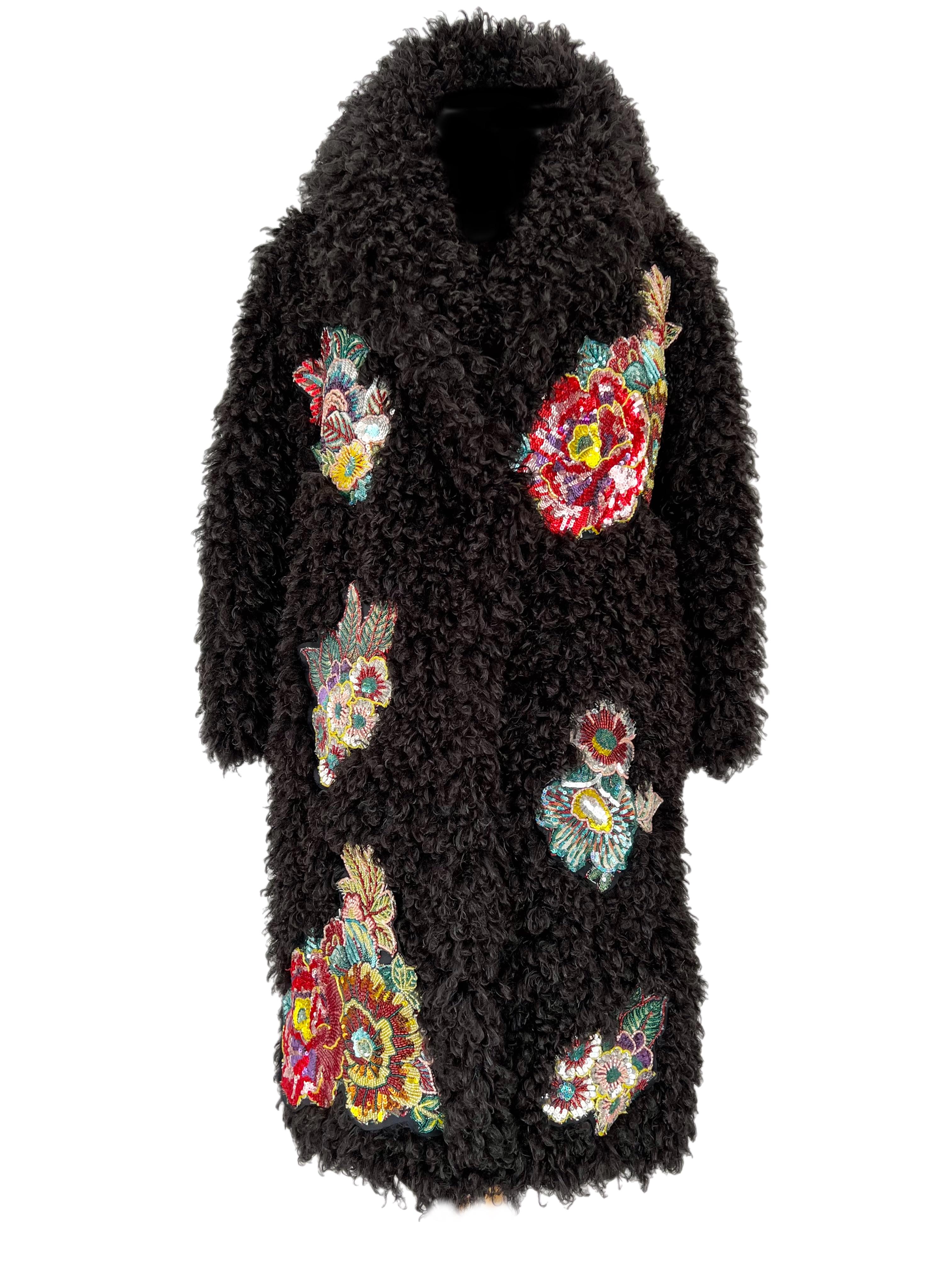 Pelush Black Boucle' Faux Fur Coat With Revere' Collar And Embroidery Patches -S In New Condition For Sale In Greenwich, CT