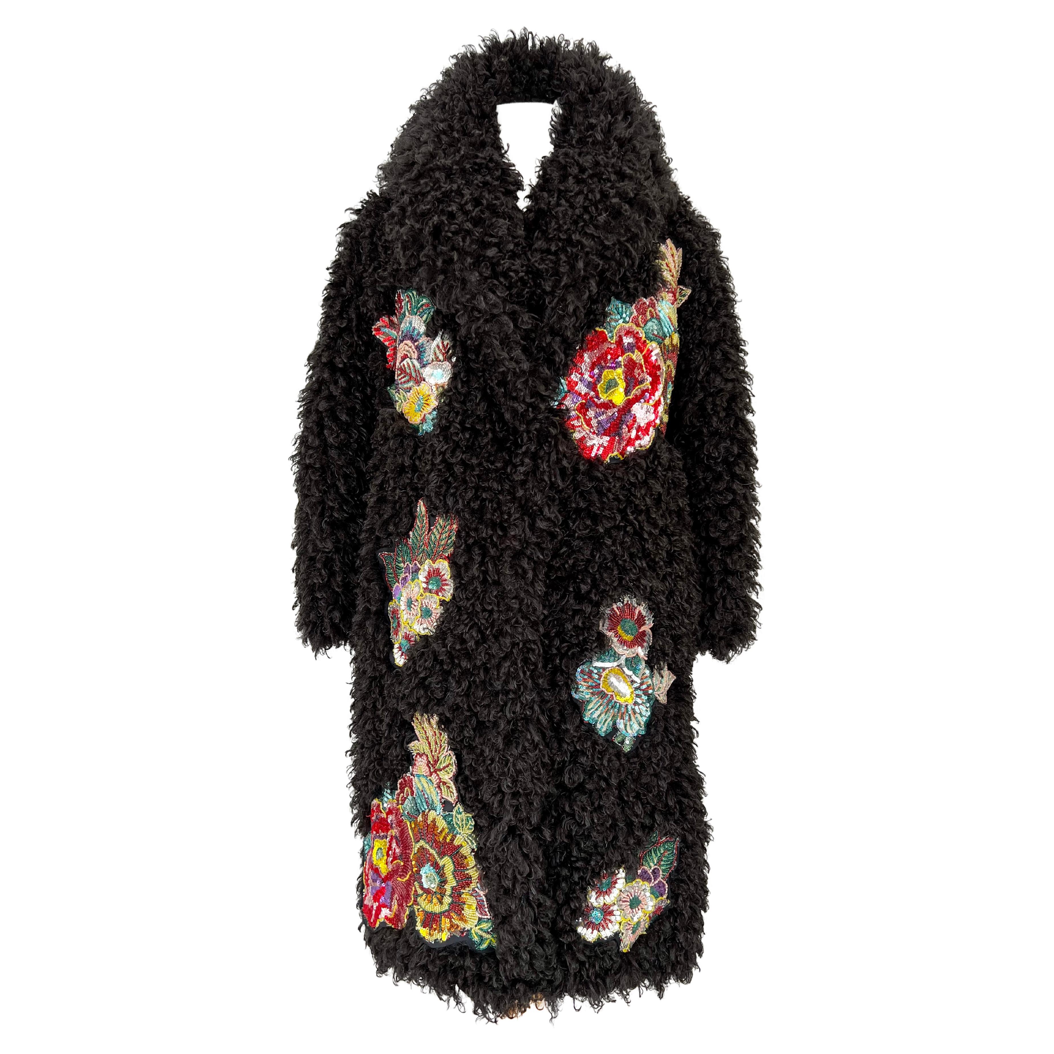 Pelush Black Boucle' Faux Fur Coat With Revere' Collar And Embroidery Patches -S For Sale