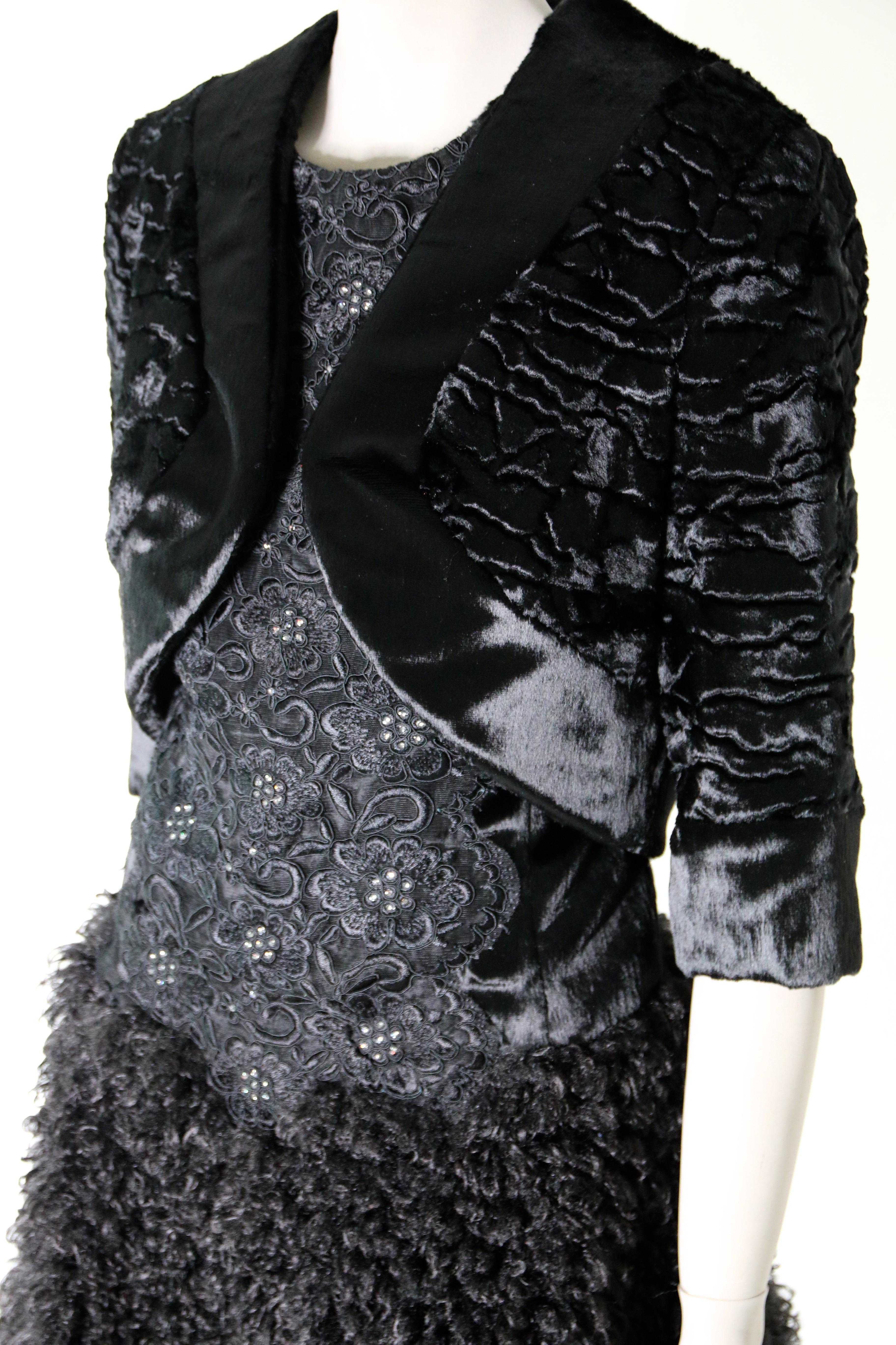 Pelush Black Boucle Faux Fur Dress With Guipure Lace and Swarovski Crystals - S For Sale 5