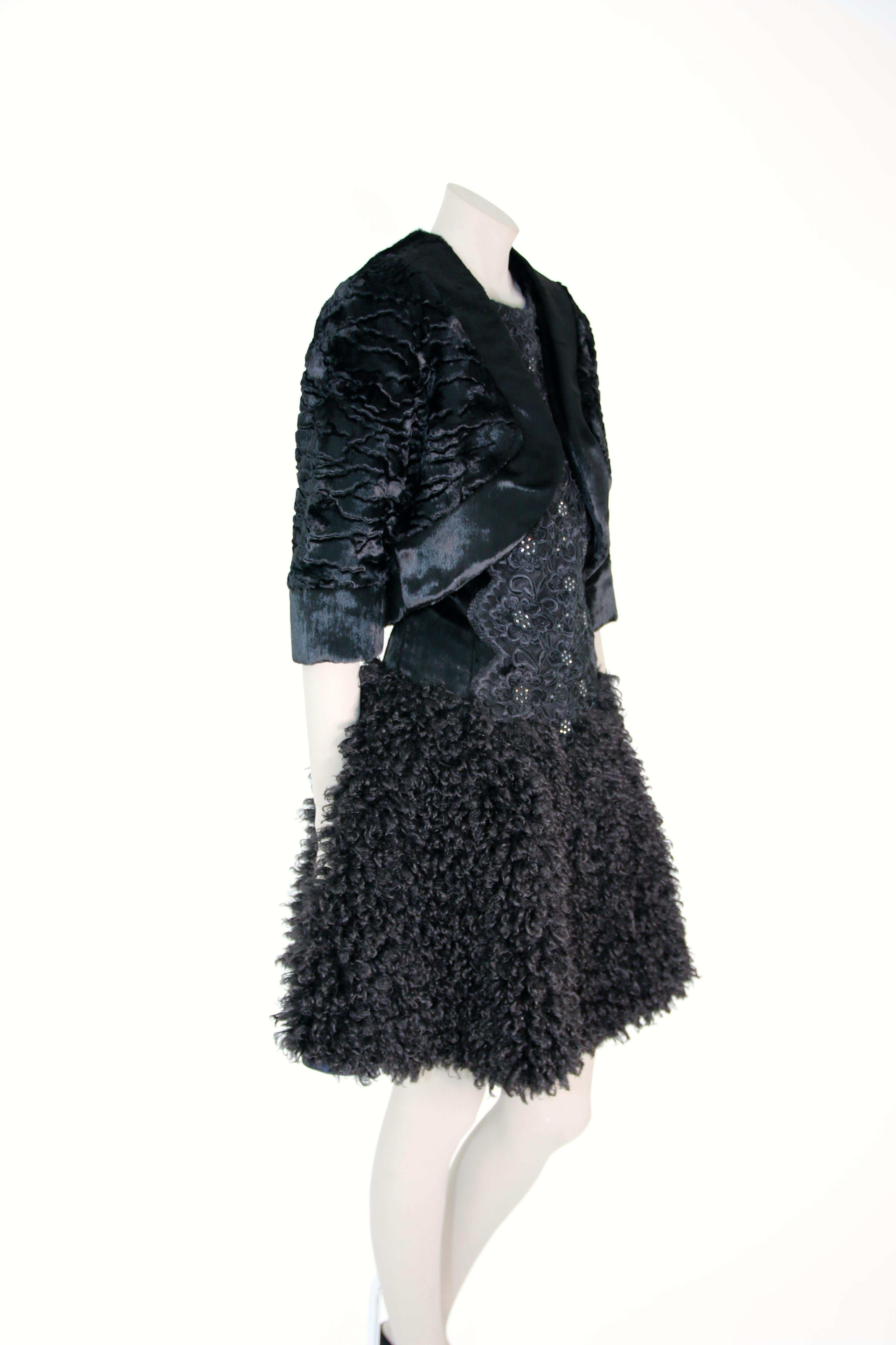 Pelush Black Boucle Faux Fur Dress With Guipure Lace and Swarovski Crystals - S For Sale 6