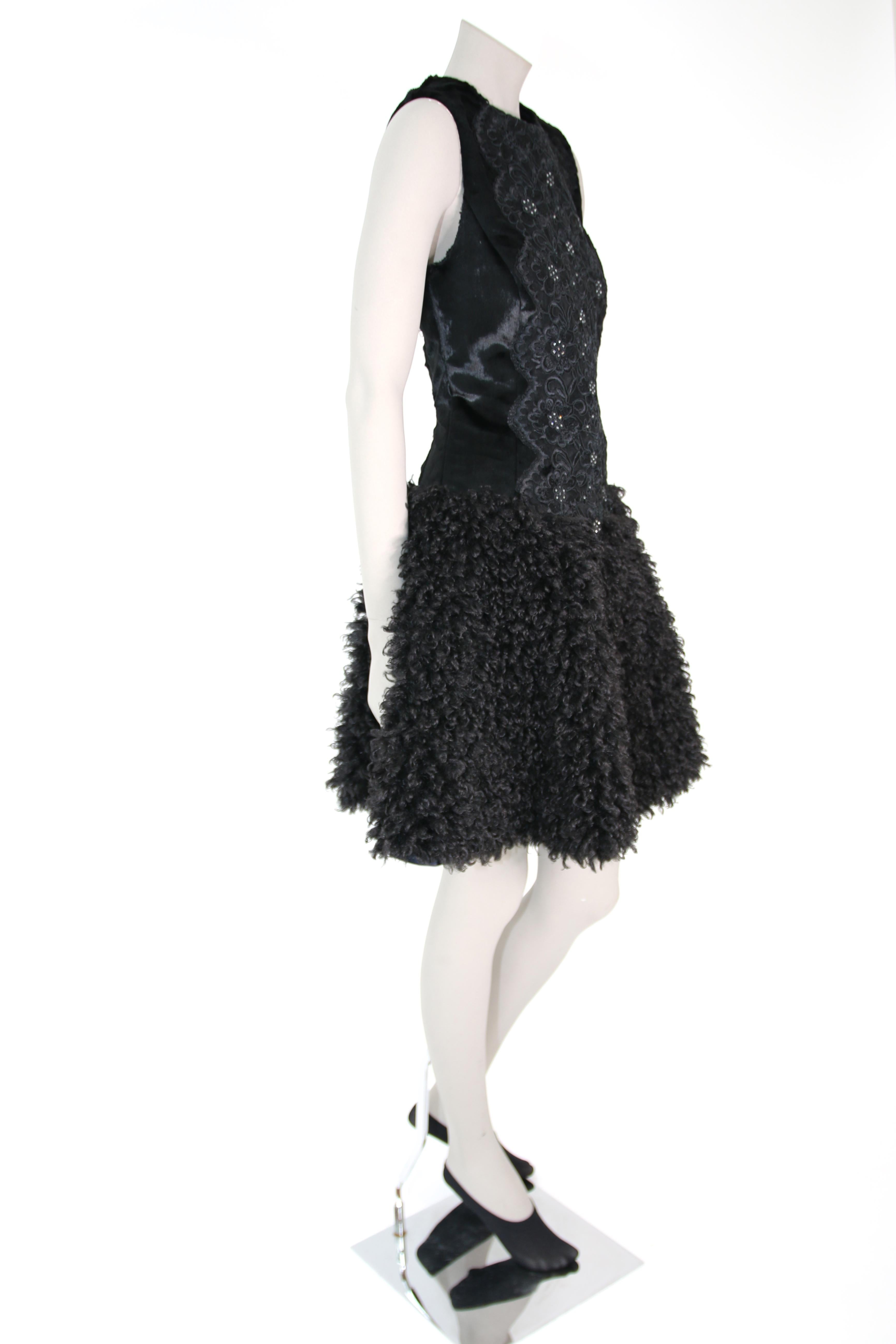 Pelush Black Boucle Faux Fur Dress With Guipure Lace and Swarovski Crystals - S In New Condition For Sale In Greenwich, CT