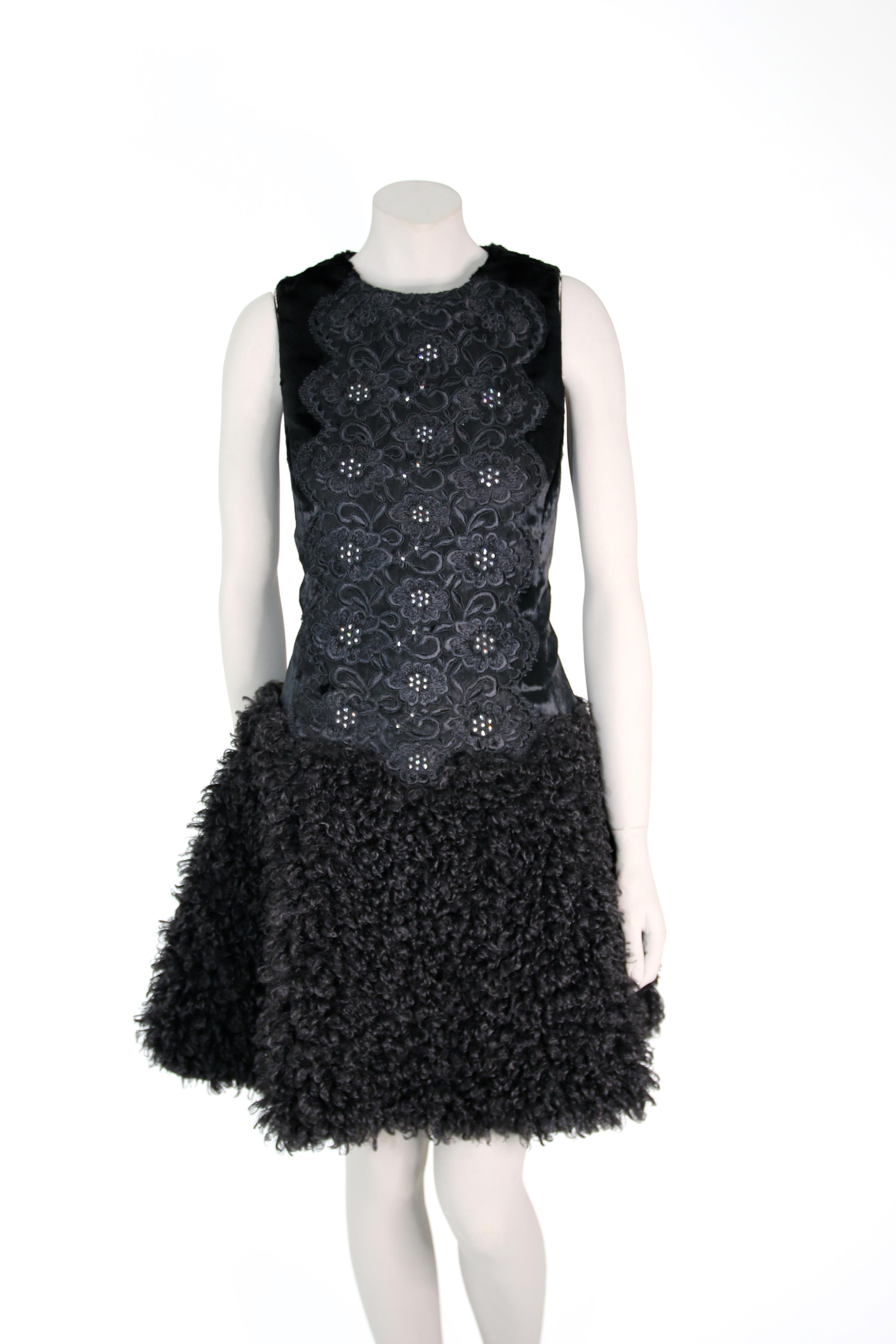 Pelush Black Boucle Faux Fur Dress With Guipure Lace and Swarovski Crystals - S For Sale 1