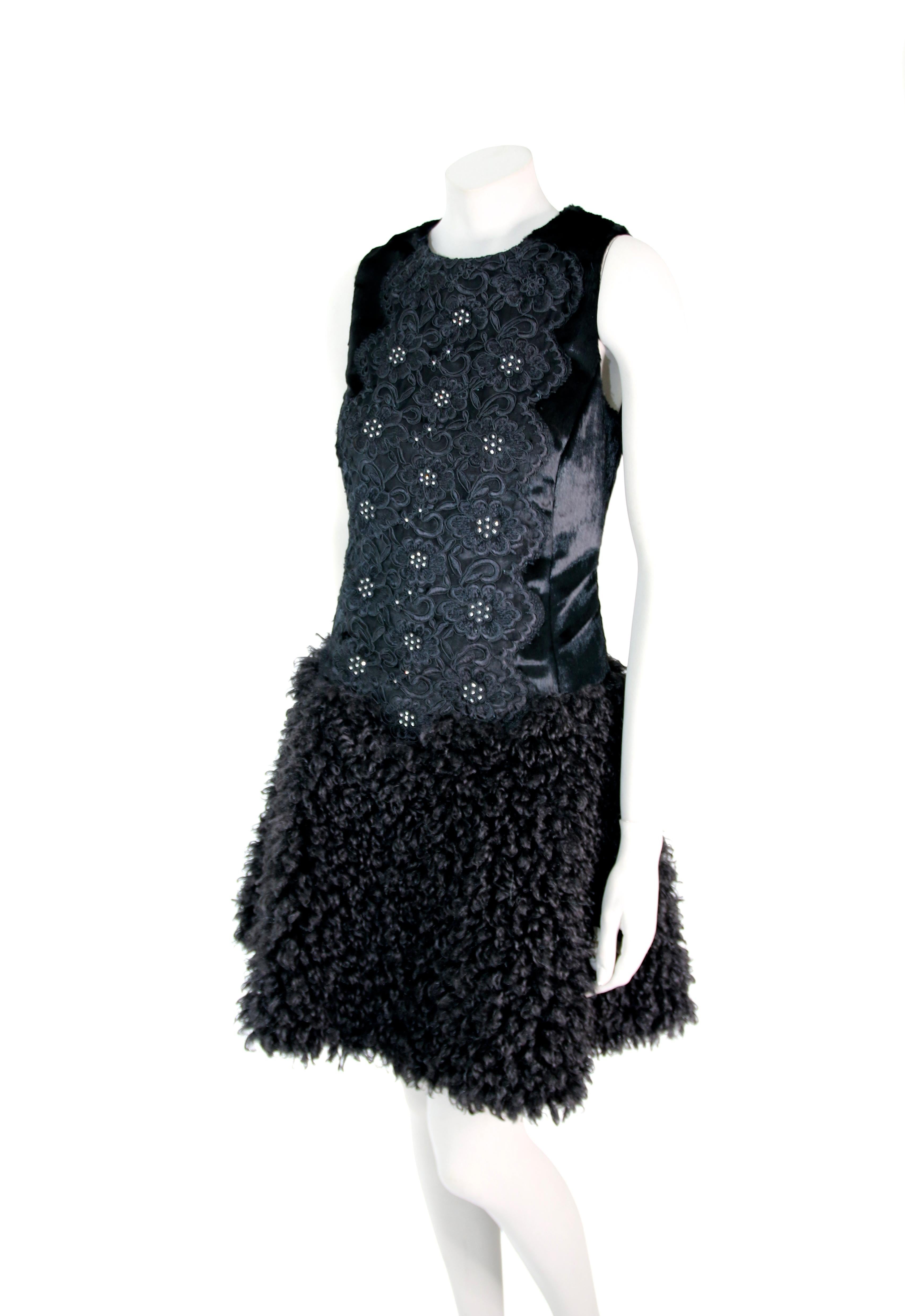 Pelush Black Boucle Faux Fur Dress With Guipure Lace and Swarovski Crystals - S For Sale 3