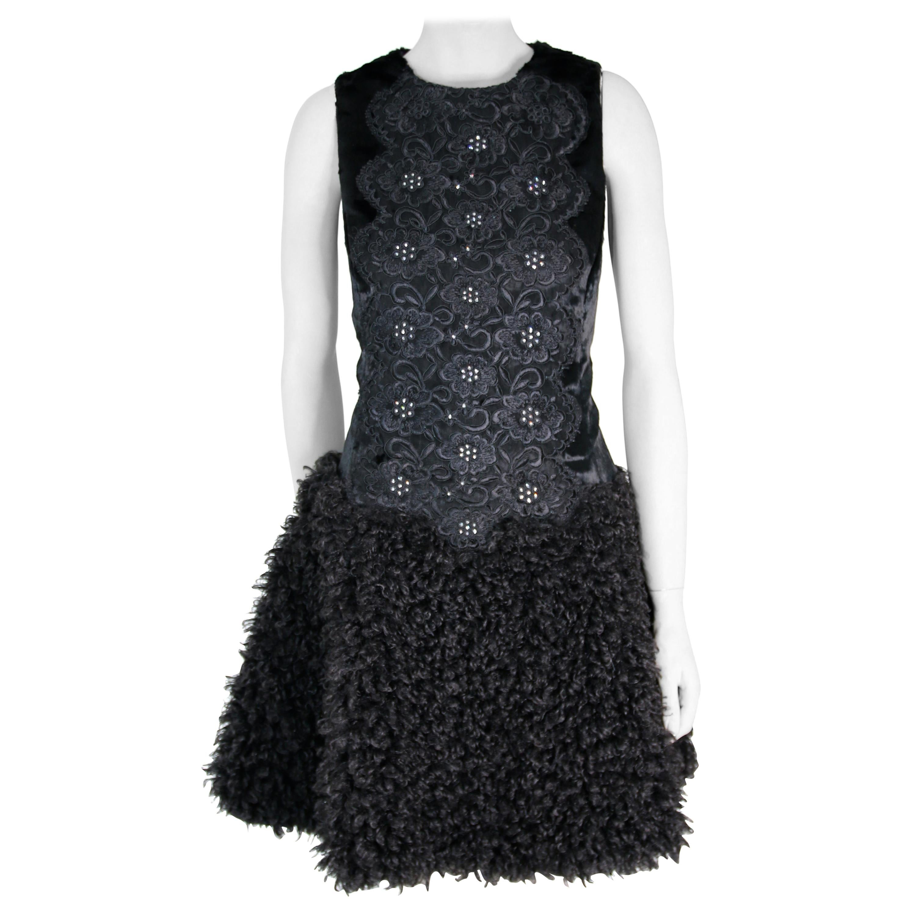 Pelush Black Boucle Faux Fur Dress With Guipure Lace and Swarovski Crystals - S