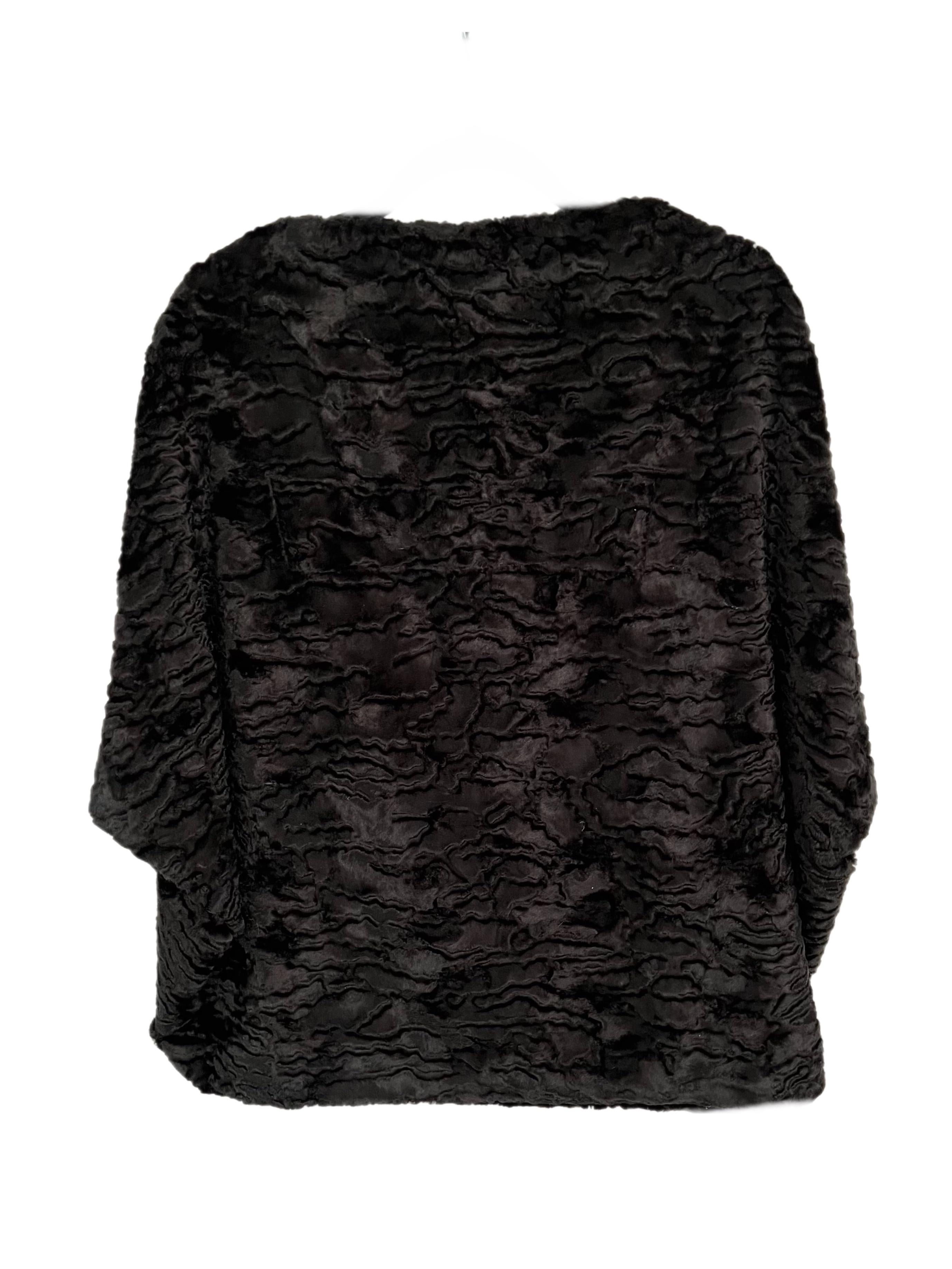 Pelush Black Faux Fur Astrakhan Broadtail Top With Embroidery Patches - One size For Sale 2