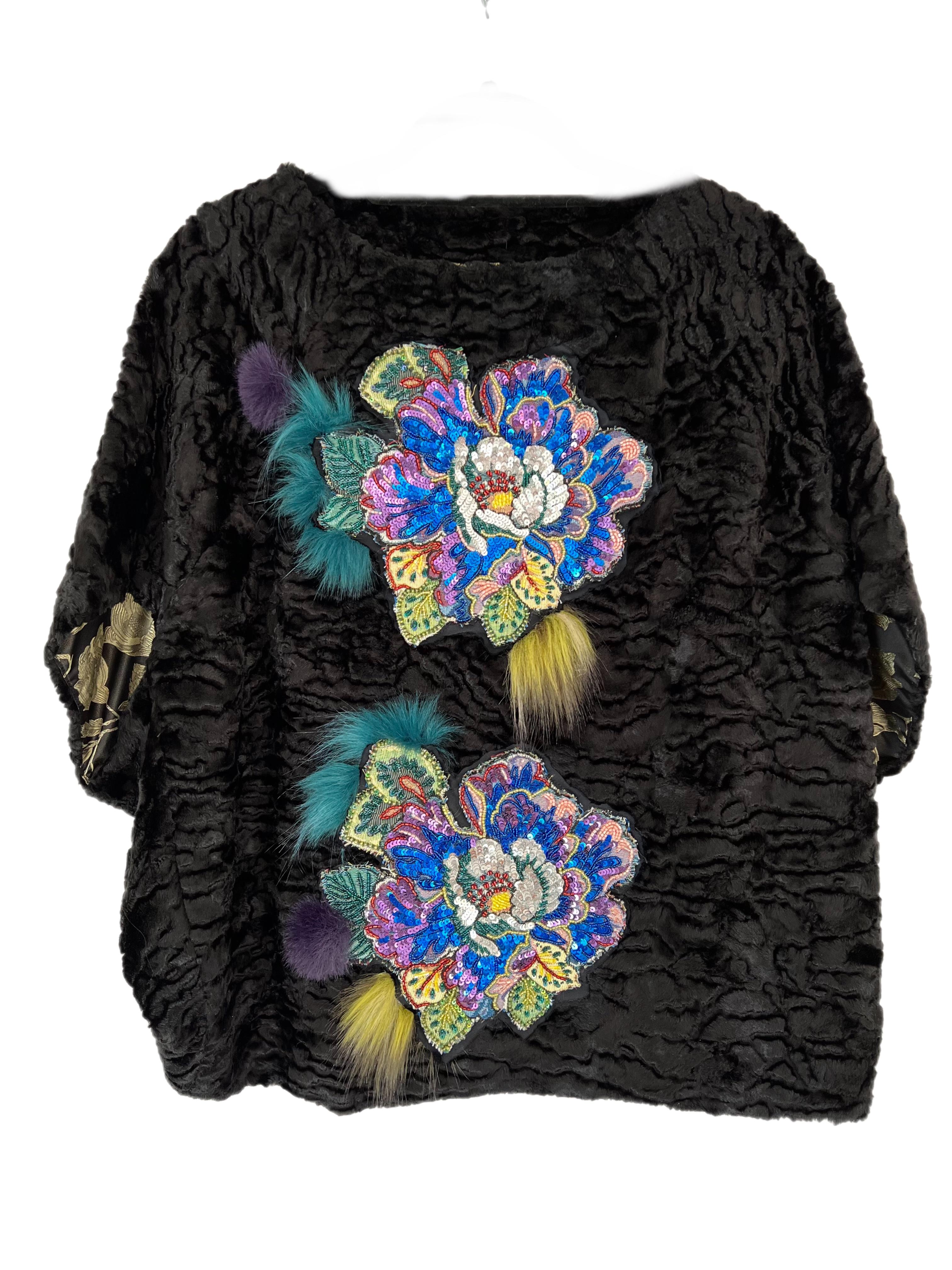 Pelush Black Faux Fur Astrakhan Broadtail Top With Embroidery Patches - One size For Sale 3