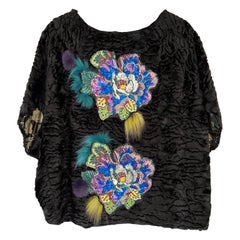 Pelush Black Faux Fur Astrakhan Broadtail Top With Embroidery Patches - One size