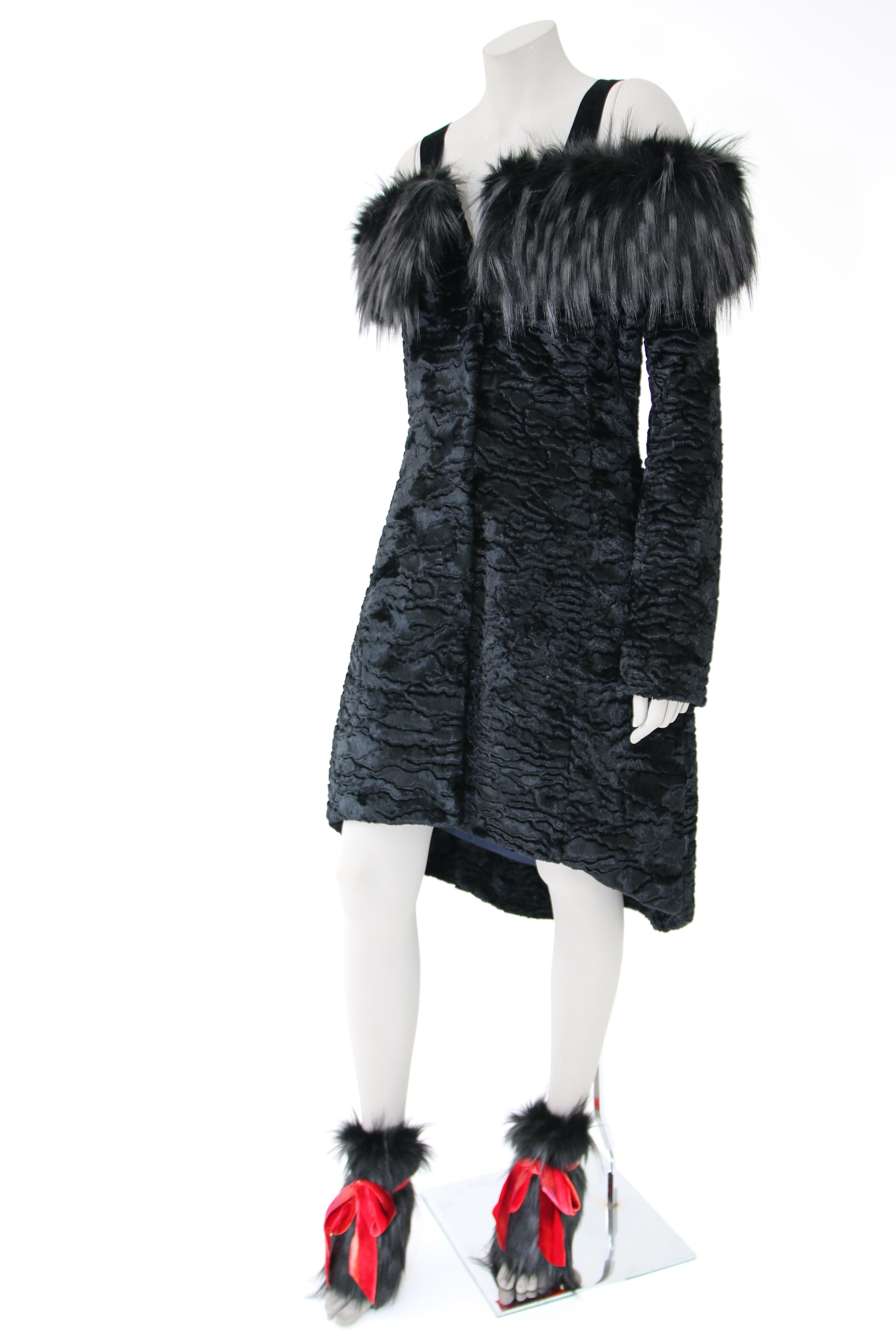 Pelush Black Faux Fur Astrakhan Coat with Tail - X-Small In New Condition For Sale In Greenwich, CT