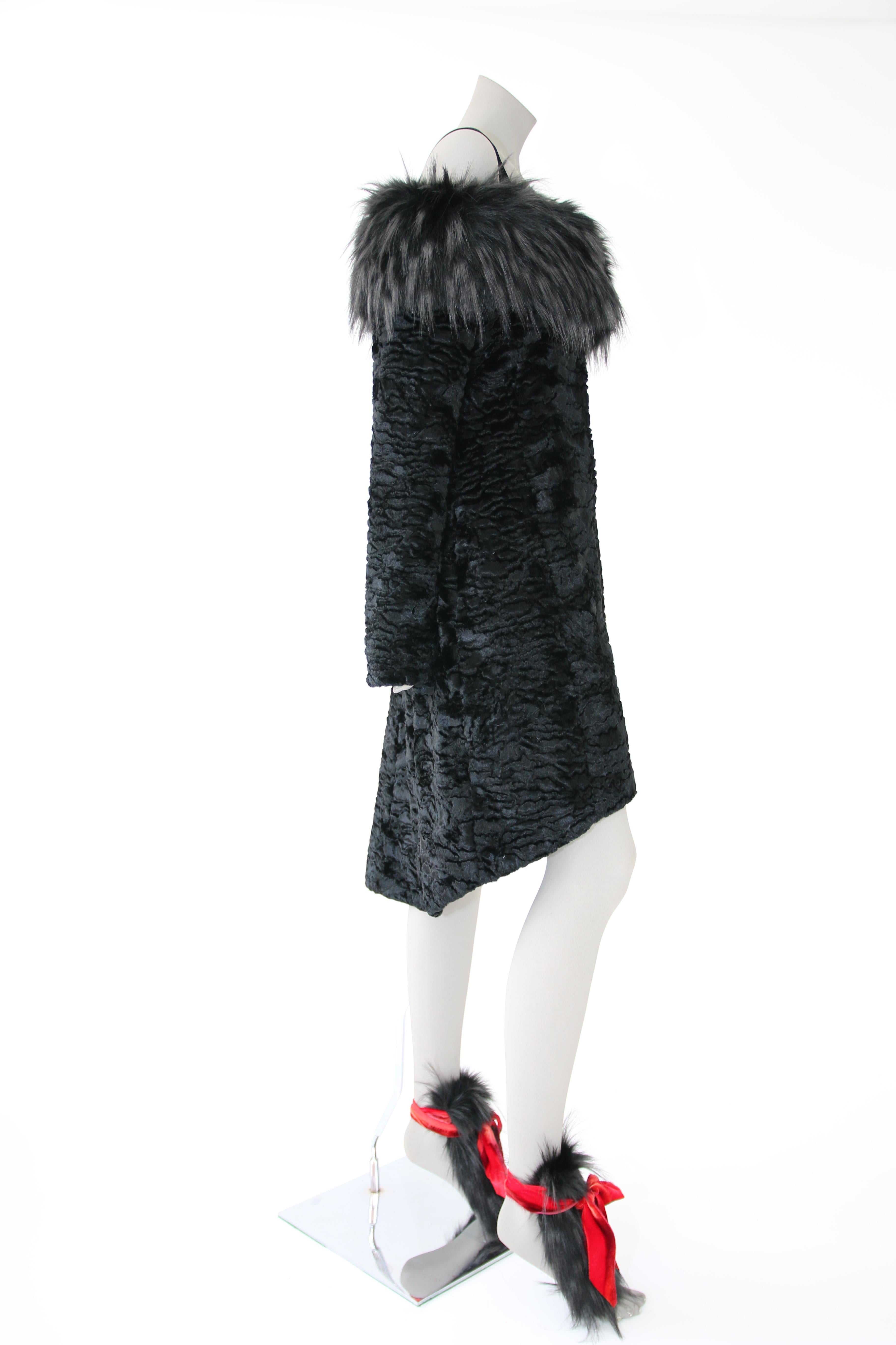 Women's Pelush Black Faux Fur Astrakhan Coat with Tail - X-Small For Sale