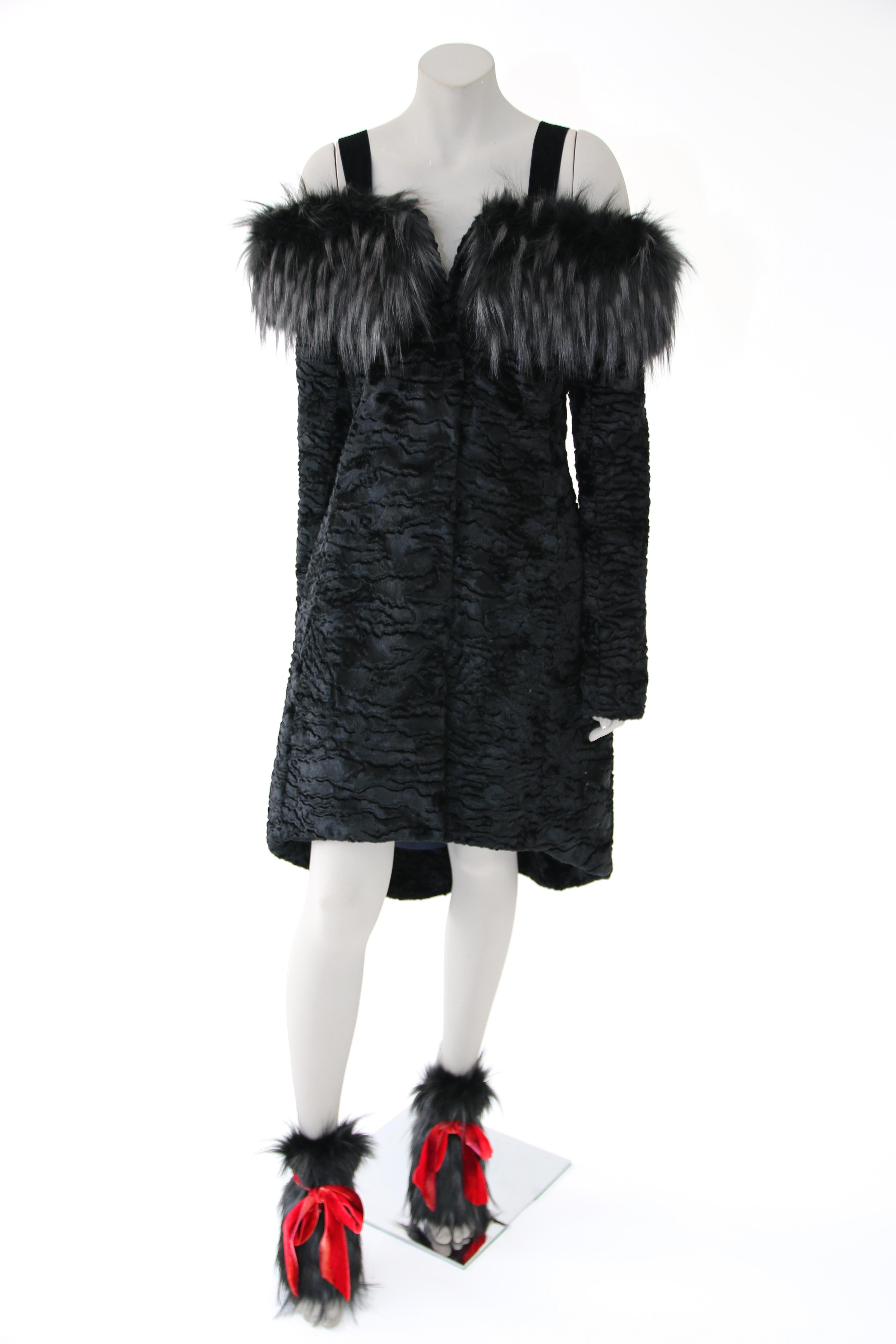 Pelush Black Faux Fur Astrakhan Coat with Tail - X-Small For Sale 1