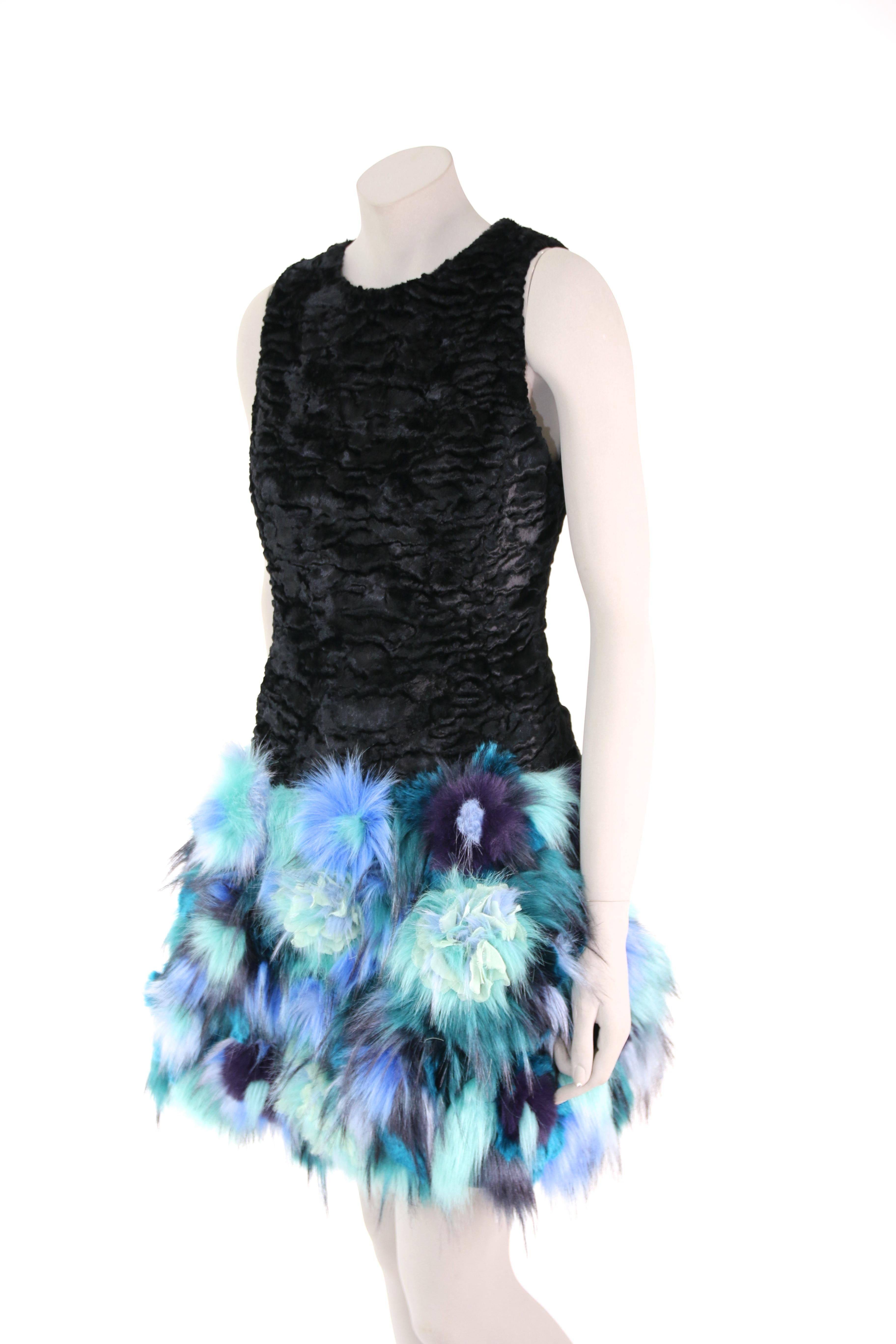 Pelush Black Faux Fur Astrakhan Dress With Three Dimensional Flowers - Small For Sale 3