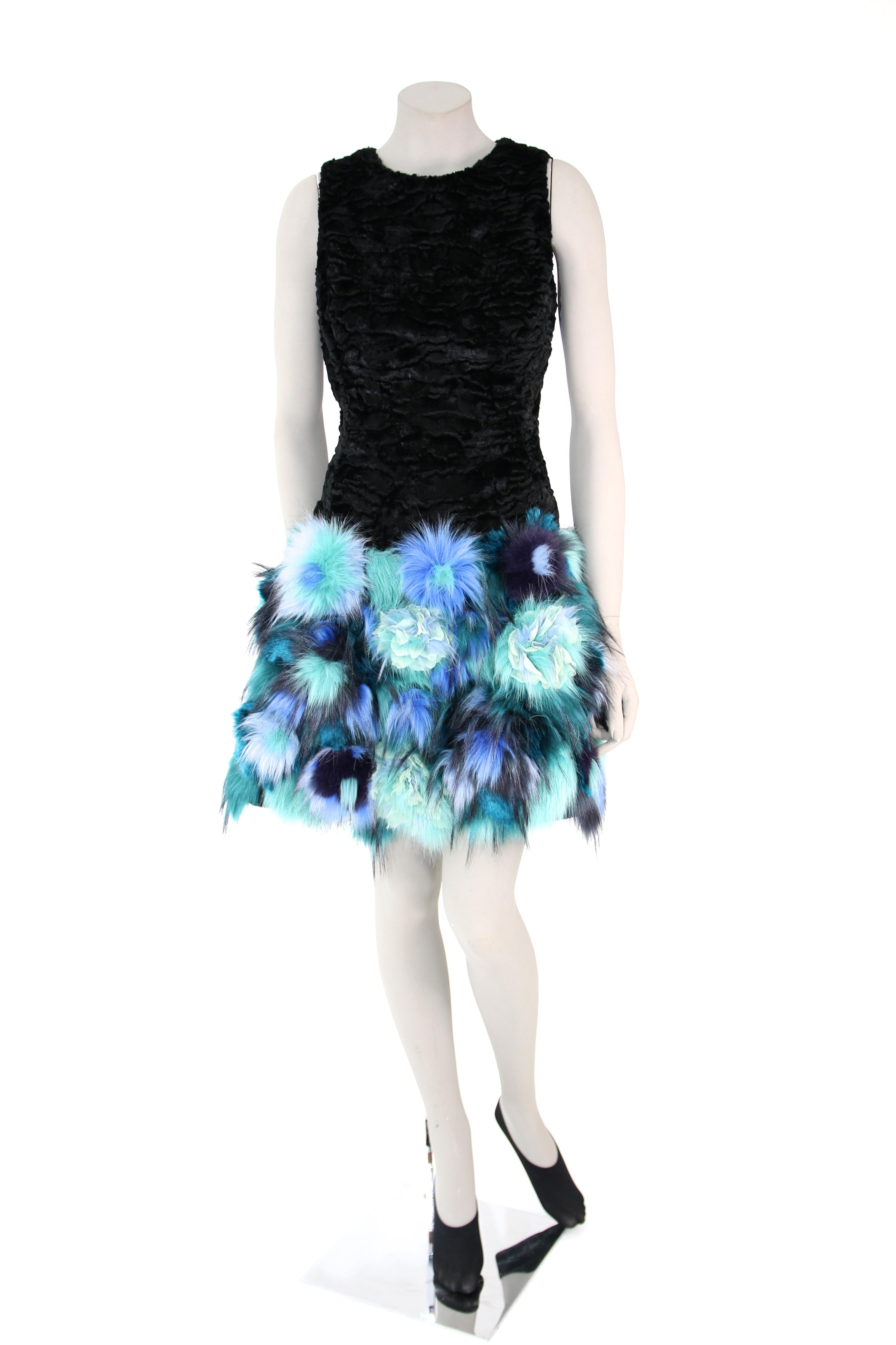 Pelush Black Faux Fur Astrakhan Dress With Three Dimensional Flowers - Small In New Condition For Sale In Greenwich, CT