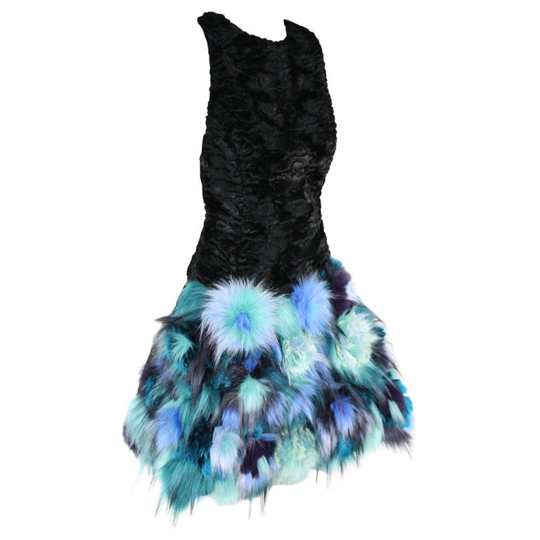 Pelush Black Faux Fur Astrakhan Dress With Three Dimensional Flowers - Small For Sale