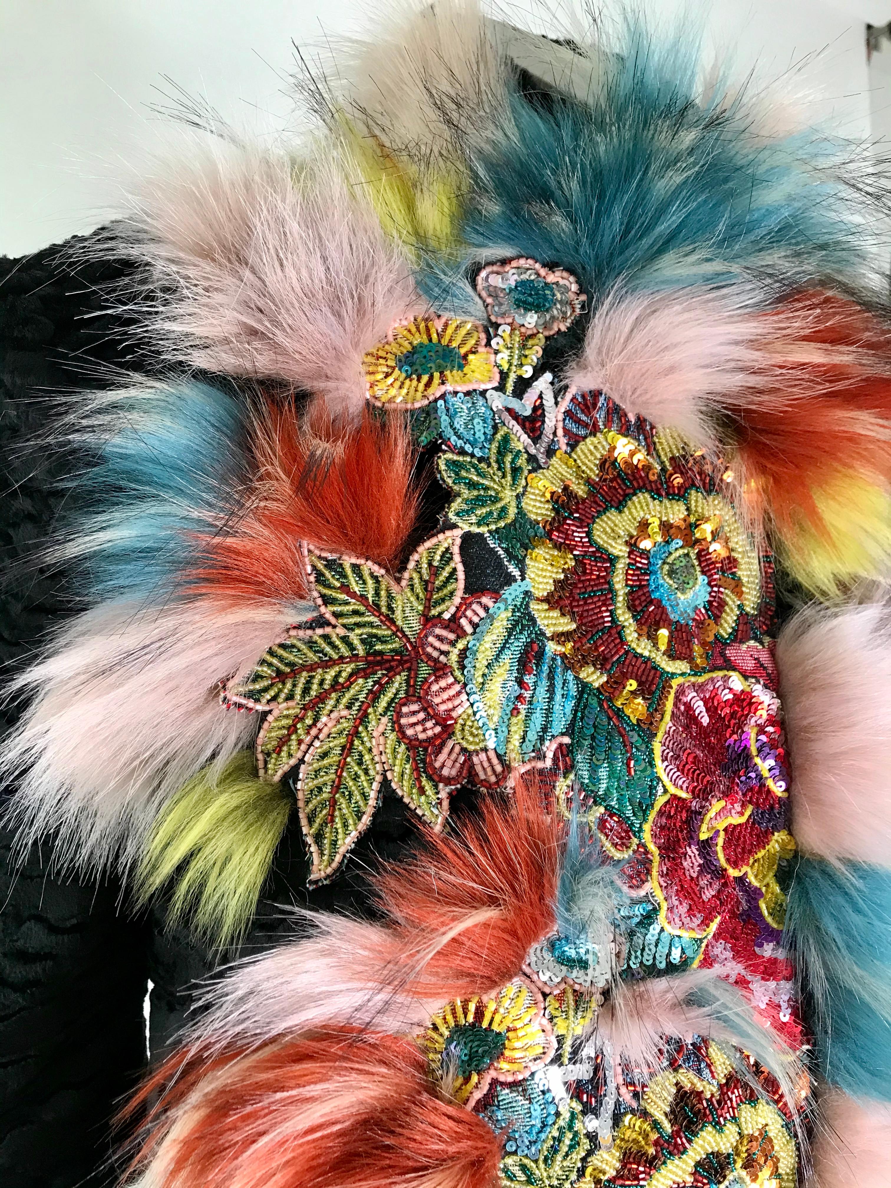 Beige Pelush Black Faux Fur Astrakhan Jacket W/ Botanical Flower Embroidery - Small For Sale