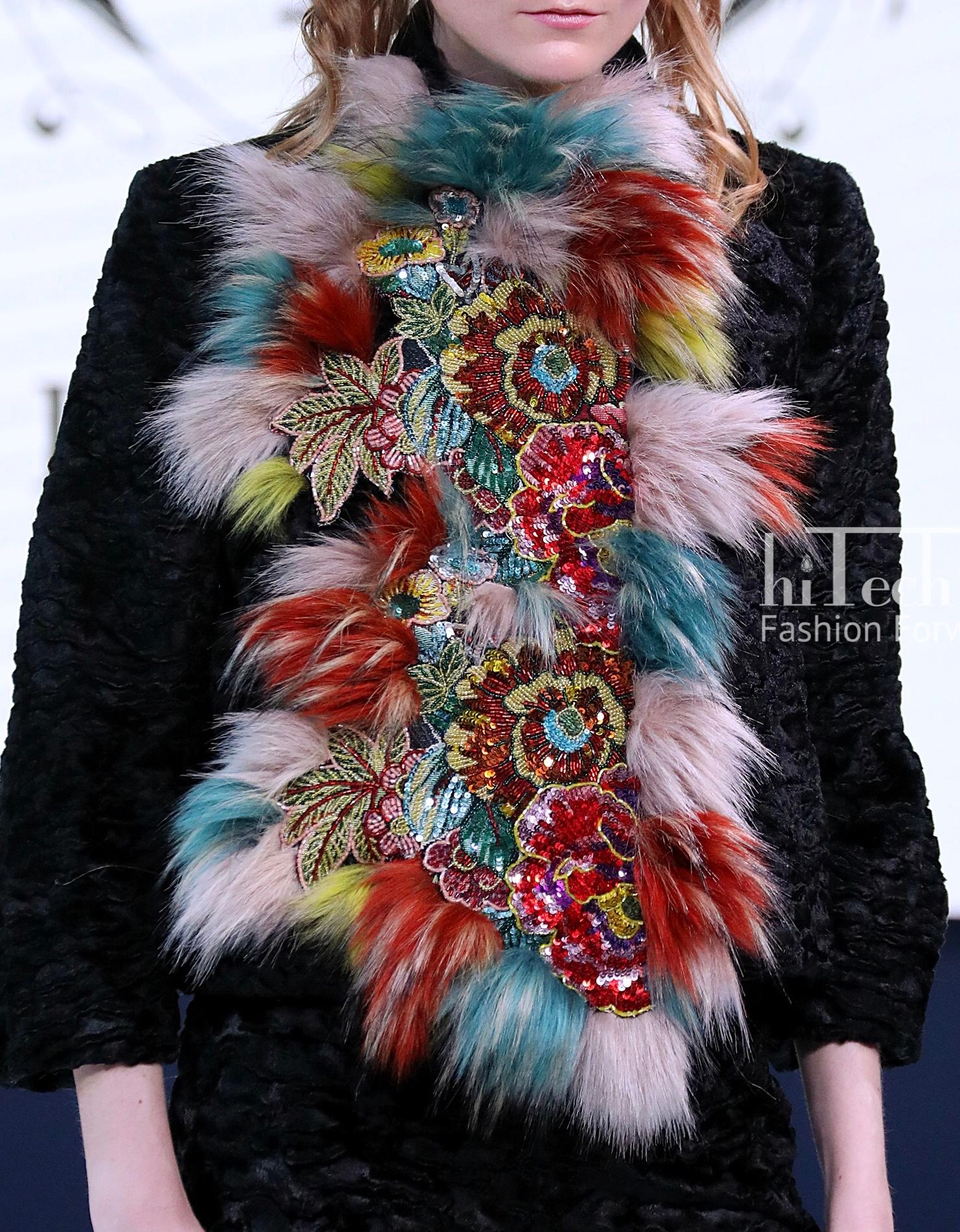 Pelush Black Faux Fur Astrakhan Jacket W/ Botanical Flower Embroidery - Small In New Condition For Sale In Greenwich, CT
