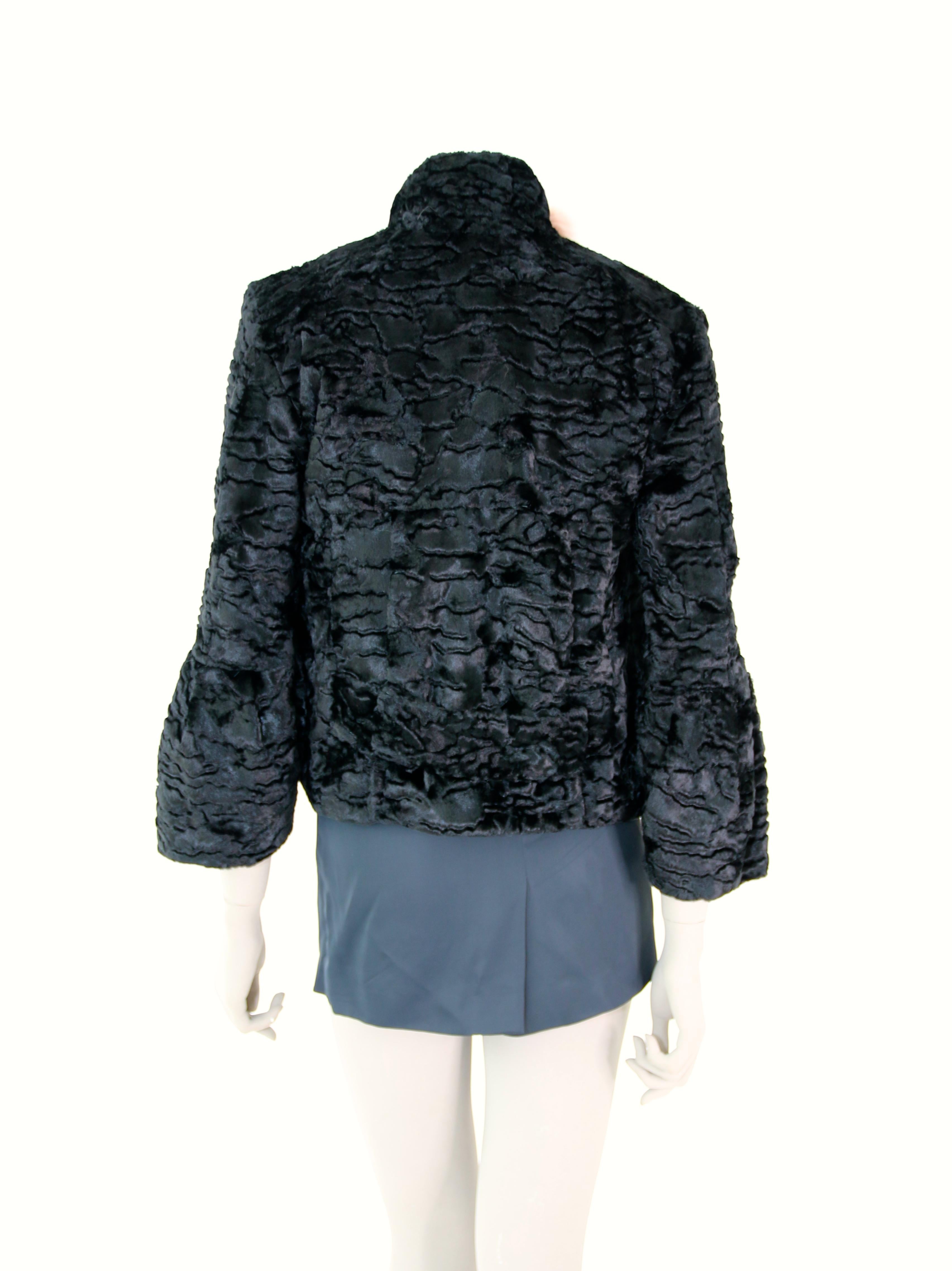 Pelush Black Faux Fur Astrakhan Jacket W/ Botanical Flower Embroidery - Small For Sale 1
