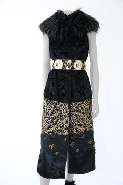 Pelush Black Faux Fur Astrakhan Vest with Gold Guipure and Faux Fox Collar - S