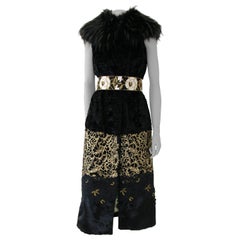 Pelush Black Faux Fur Astrakhan Vest with Gold Guipure and Faux Fox Collar - S