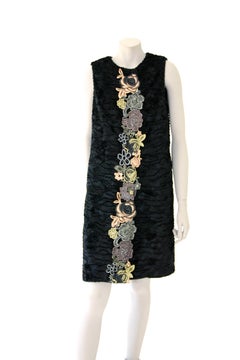 Pelush Black Faux Fur Astrakhan Vest with Gold Metallic Guipure Lace - Small