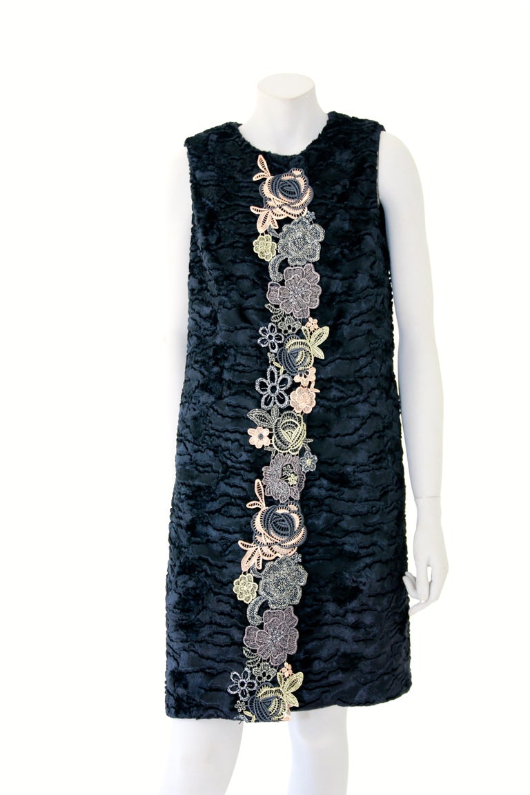 Pelush Black Faux Fur Astrakhan Vest with Gold Metallic Guipure Lace - Small In New Condition For Sale In Greenwich, CT