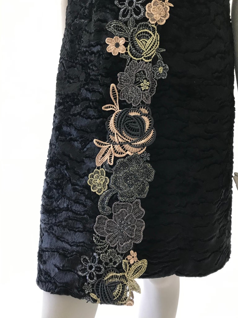 Women's Pelush Black Faux Fur Astrakhan Vest with Gold Metallic Guipure Lace - Small For Sale