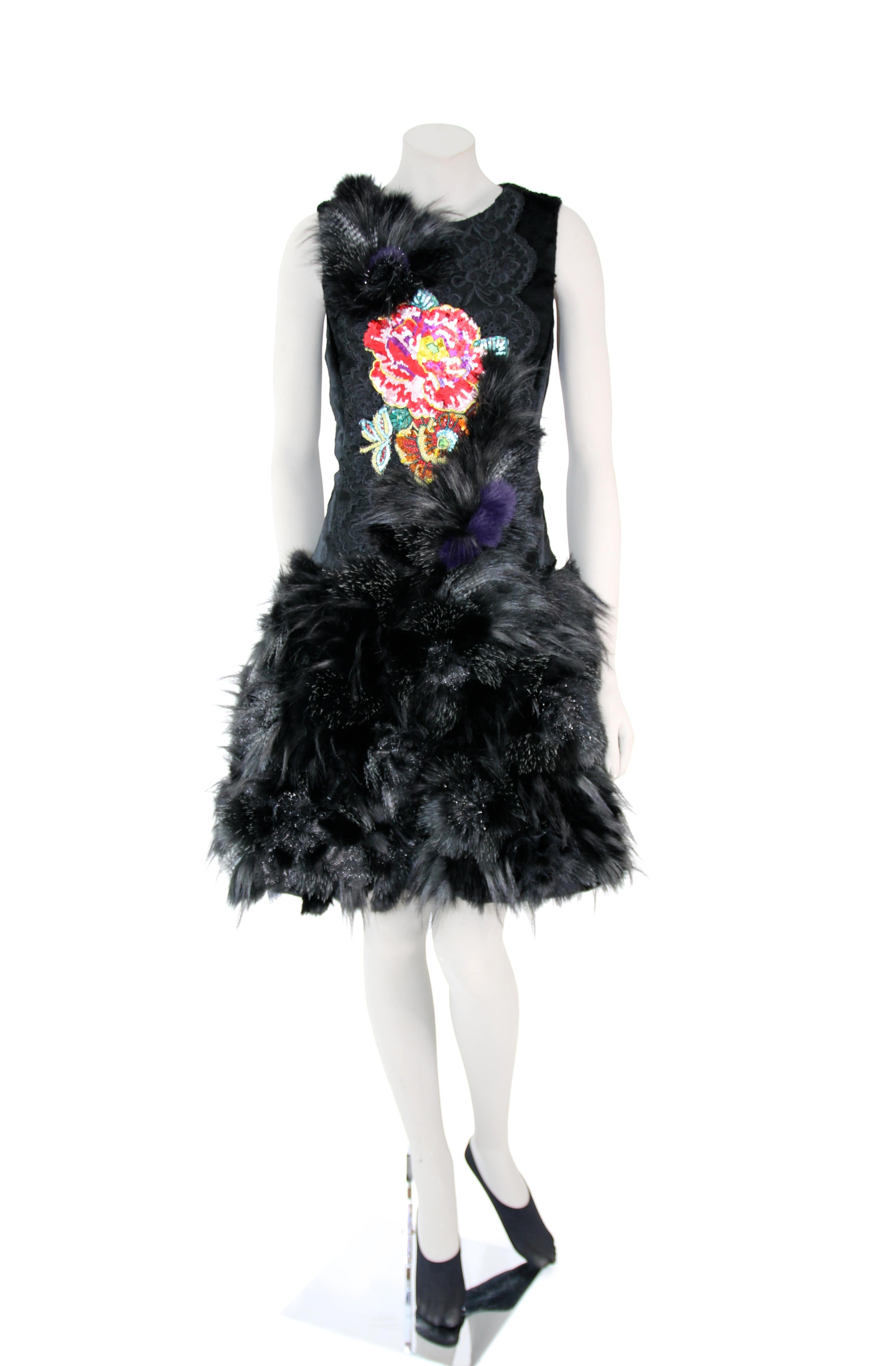 Women's Pelush Black Faux Fur Dress With Three Dimensional Flowers And Embroidery - Sl For Sale