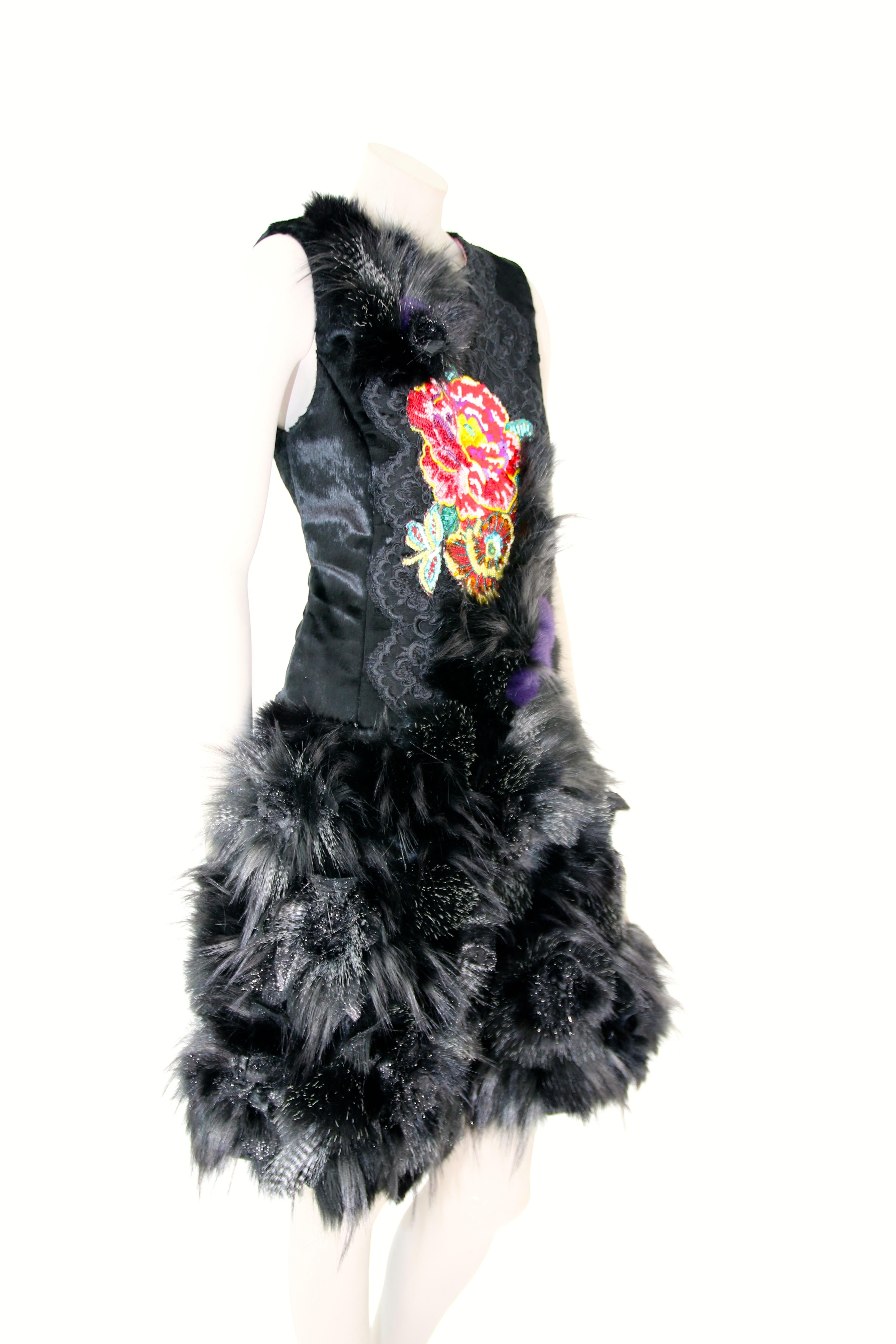 Pelush Black Faux Fur Dress With Three Dimensional Flowers And Embroidery - Sl For Sale 1