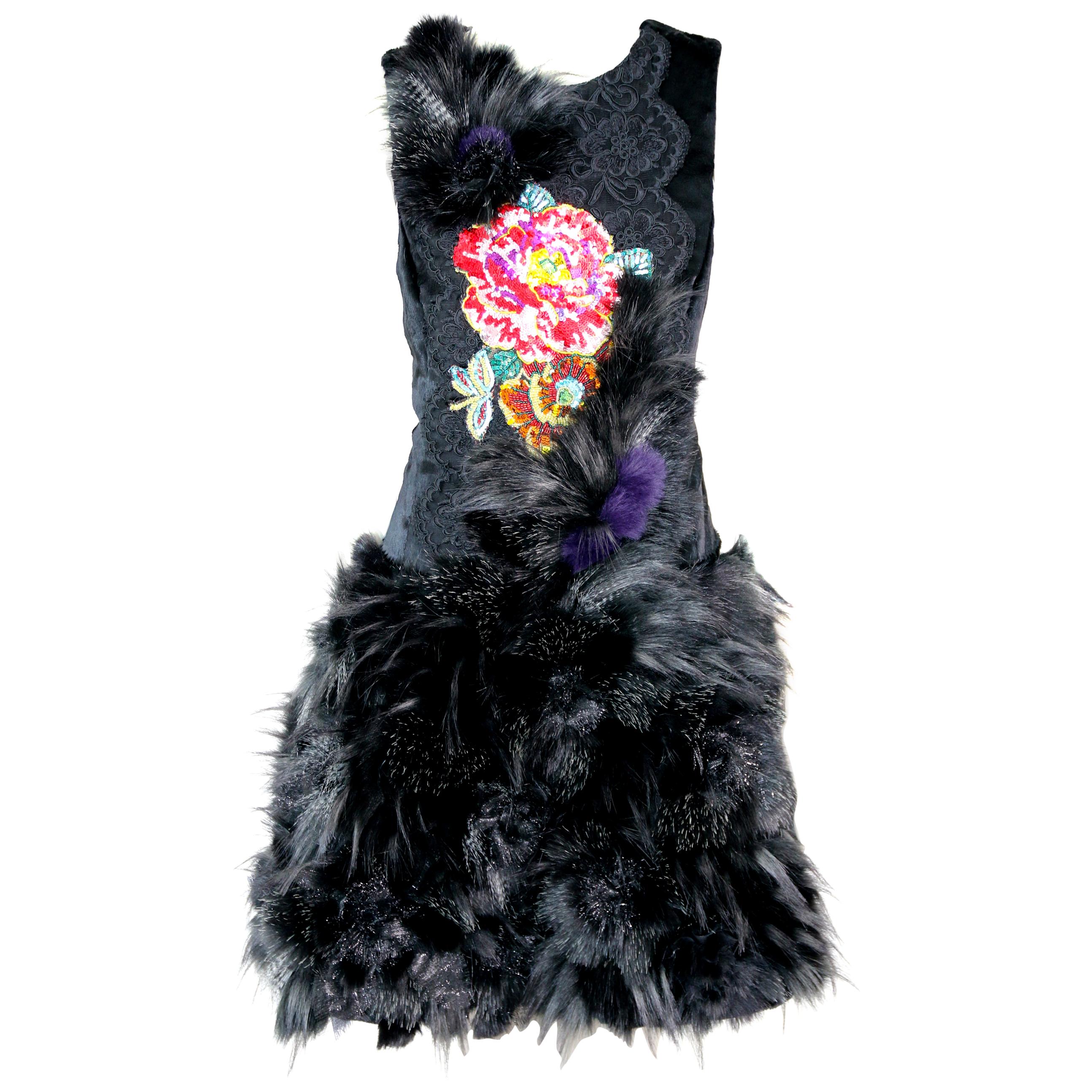 Pelush Black Faux Fur Dress With Three Dimensional Flowers And Embroidery - Sl