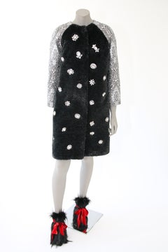 Pelush Black Faux Fur Mink Coat with Vintage Crystals and Damask Brocade - XS