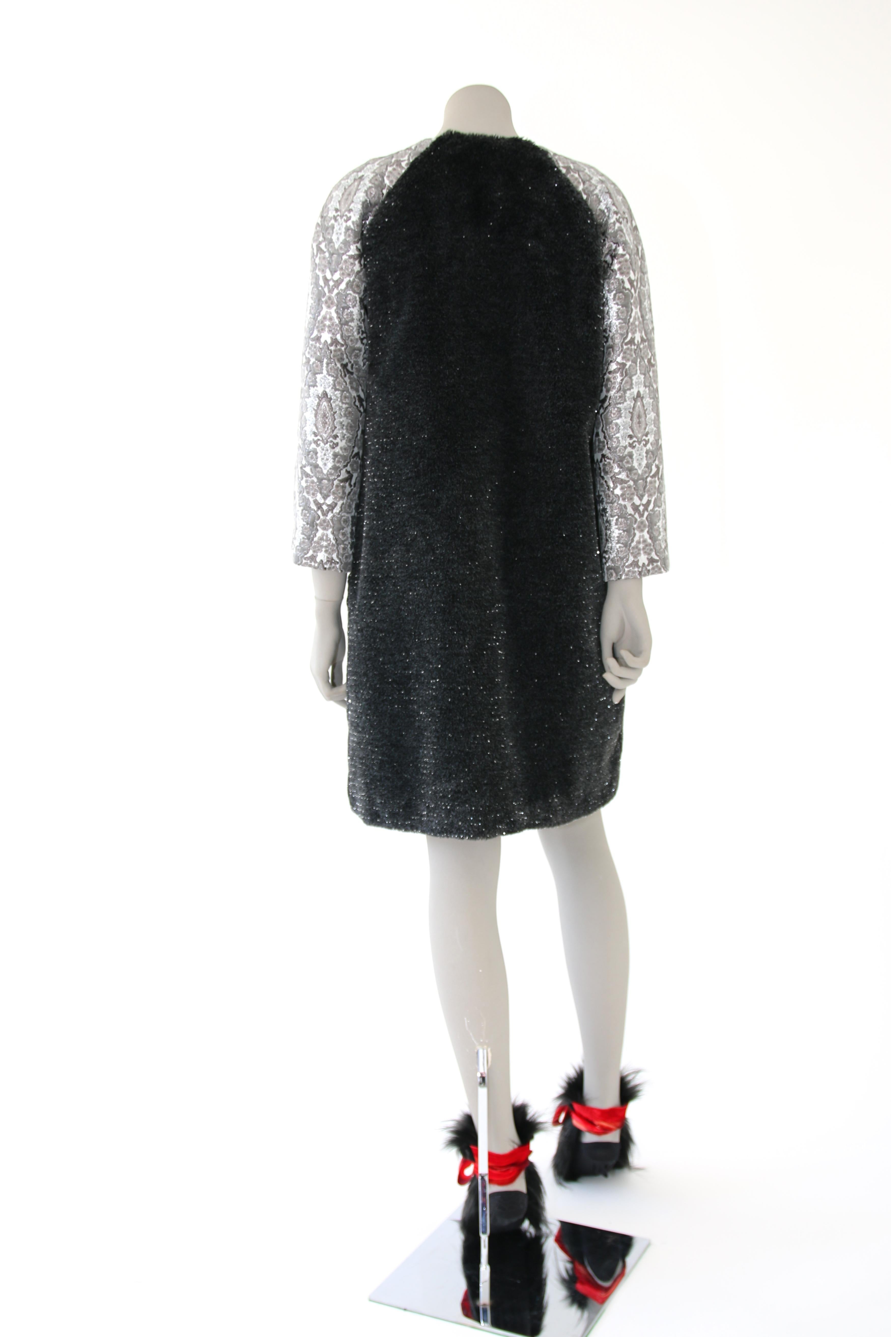 Pelush Black Faux Fur Mink Coat with Vintage Crystals and Damask Brocade - XS In New Condition For Sale In Greenwich, CT