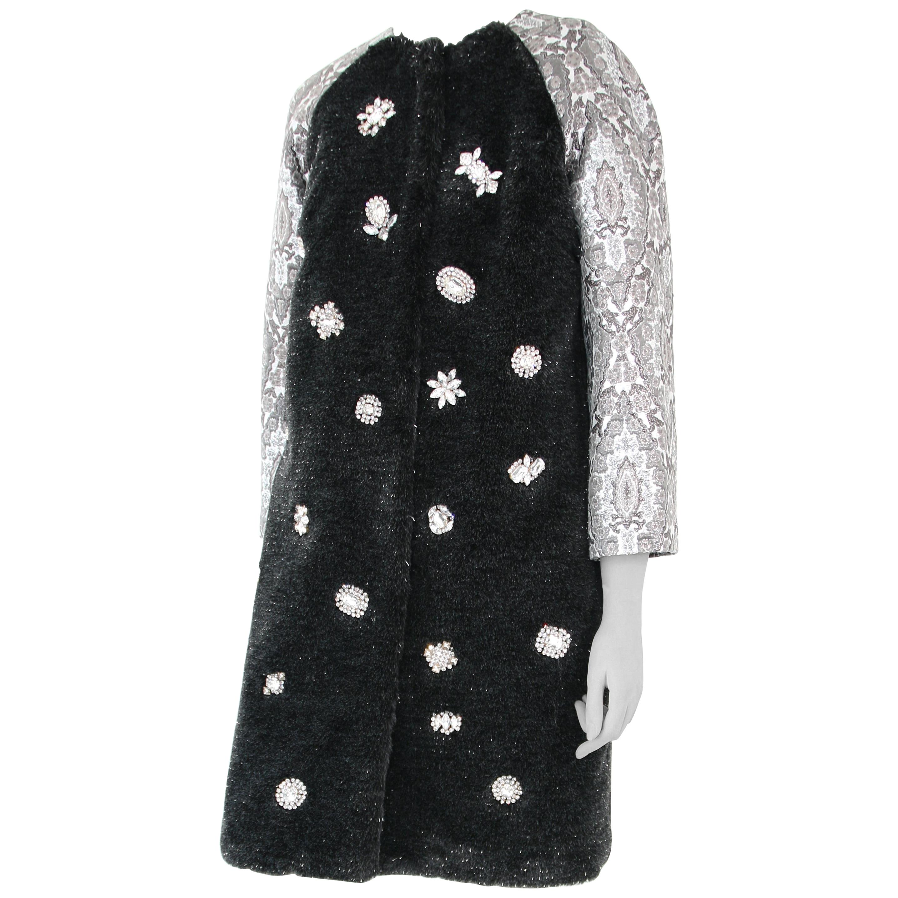 Pelush Black Faux Fur Mink Coat with Vintage Crystals and Damask Brocade - XS For Sale