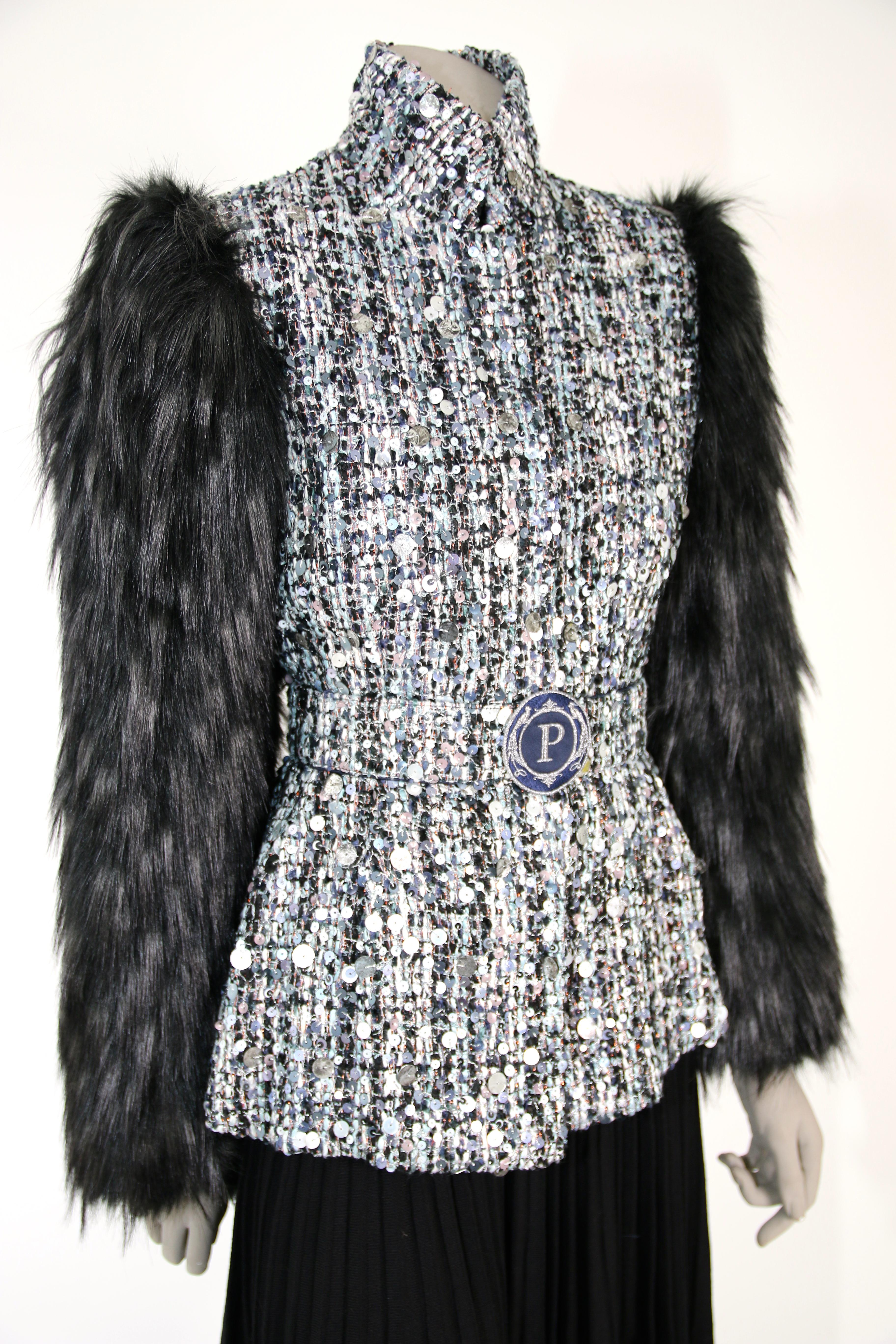 Women's Pelush Black Tweed Jacket With Sequins and Faux Fur Fox Sleeves - X Small For Sale