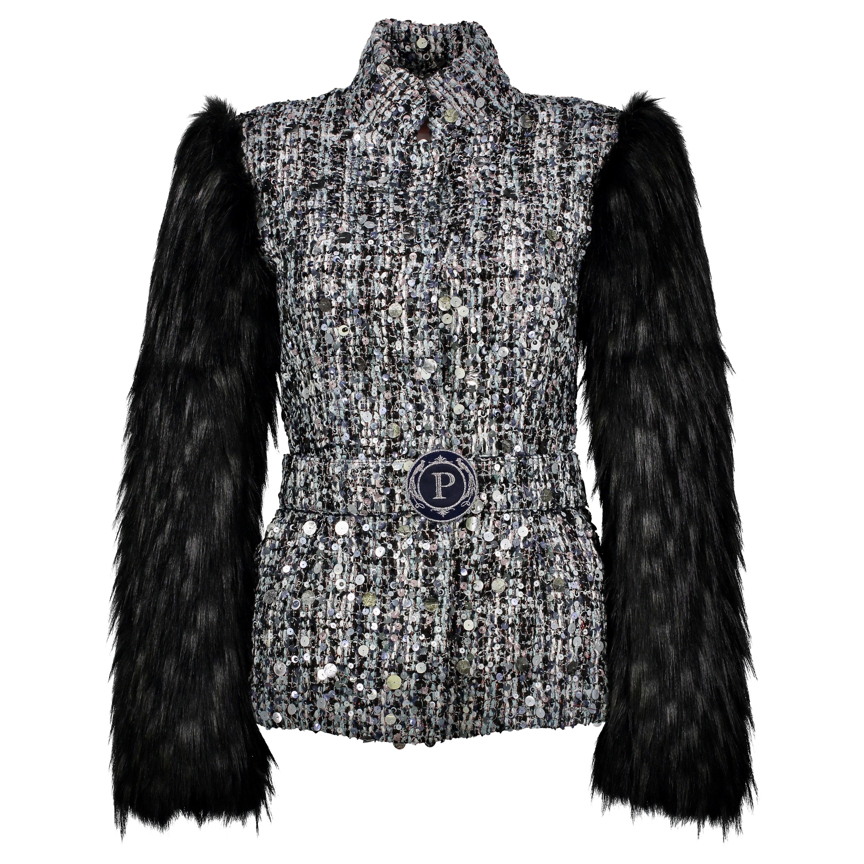Pelush Black Tweed Jacket With Sequins and Faux Fur Fox Sleeves - X Small