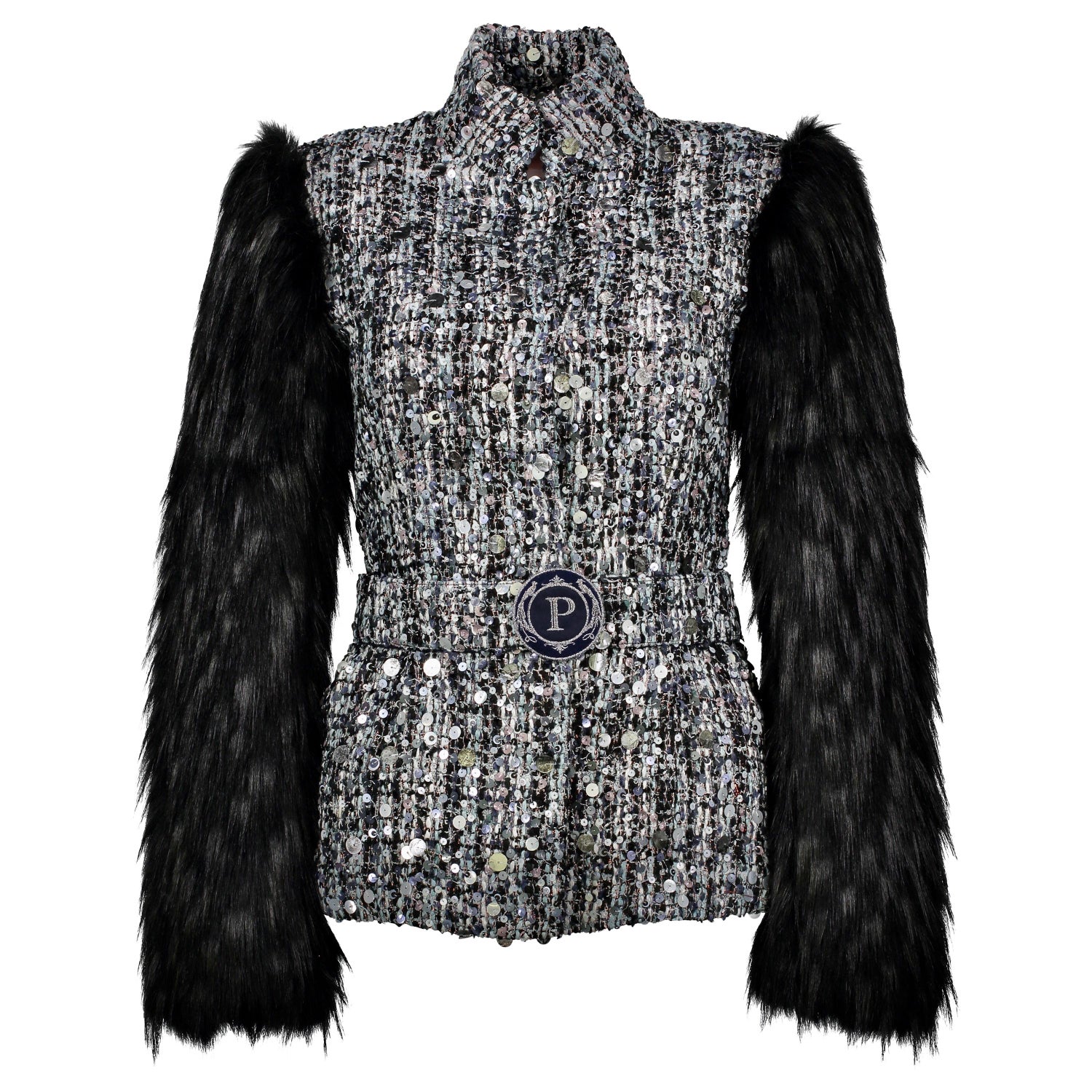 Pelush Black Tweed Jacket With Sequins and Faux Fur Fox Sleeves - X Small  For Sale at 1stDibs | black tweed fur