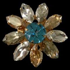 Pelush Blue And Amber Swarowsky Crystal Flower Brooch Buckle Pin - Large