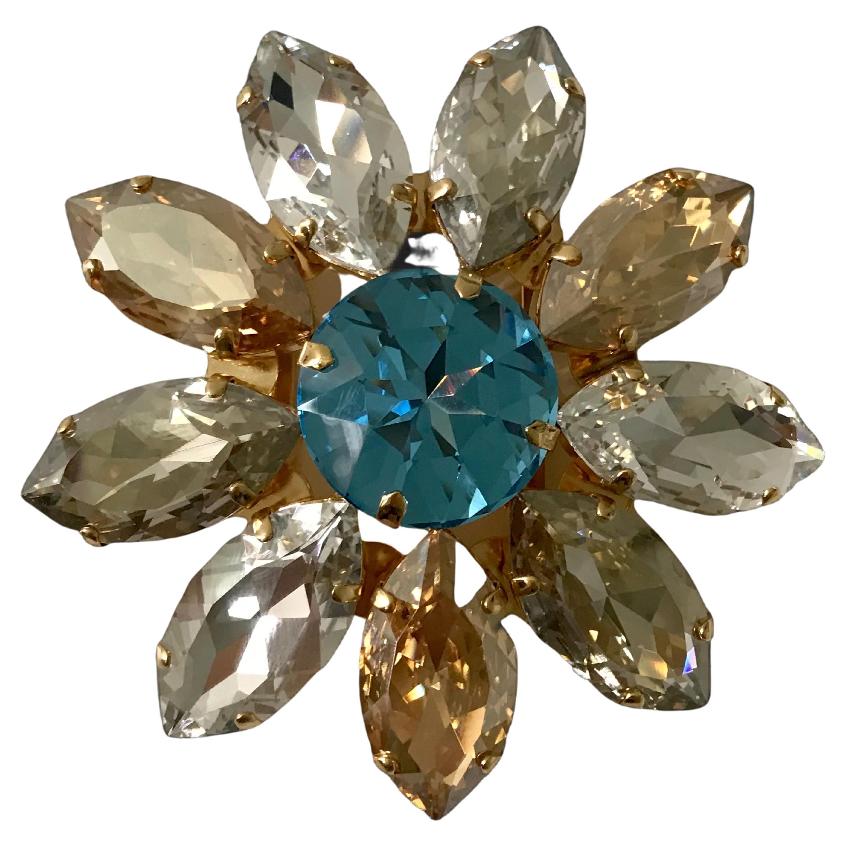 Pelush Blue And Amber Swarowsky Crystal Flower Brooch Buckle Pin - Large 