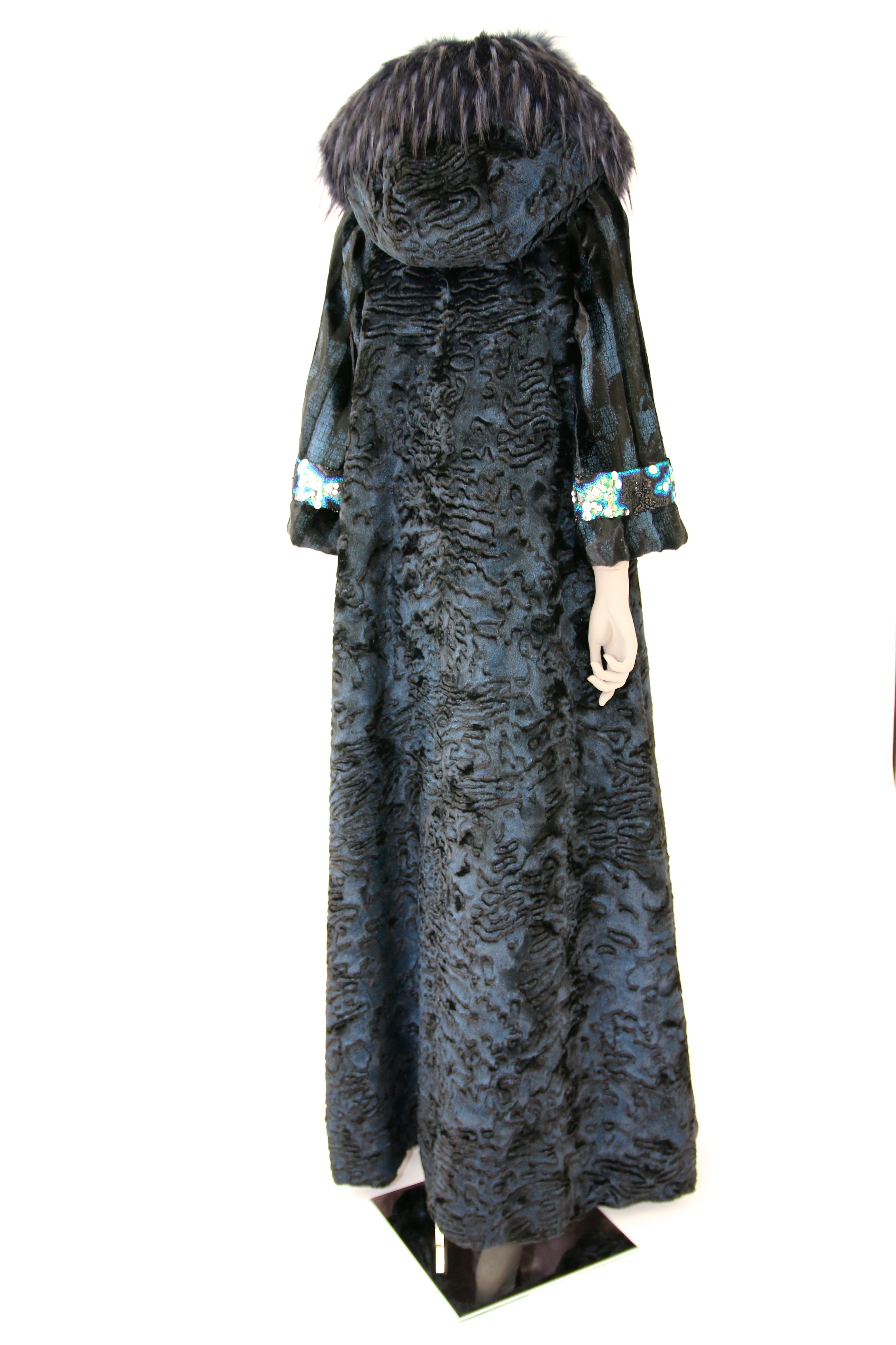 Pelush Blue Faux Fur Astrakhan Caftan Coat W/Embroidery And Detachable Hood - S For Sale 2