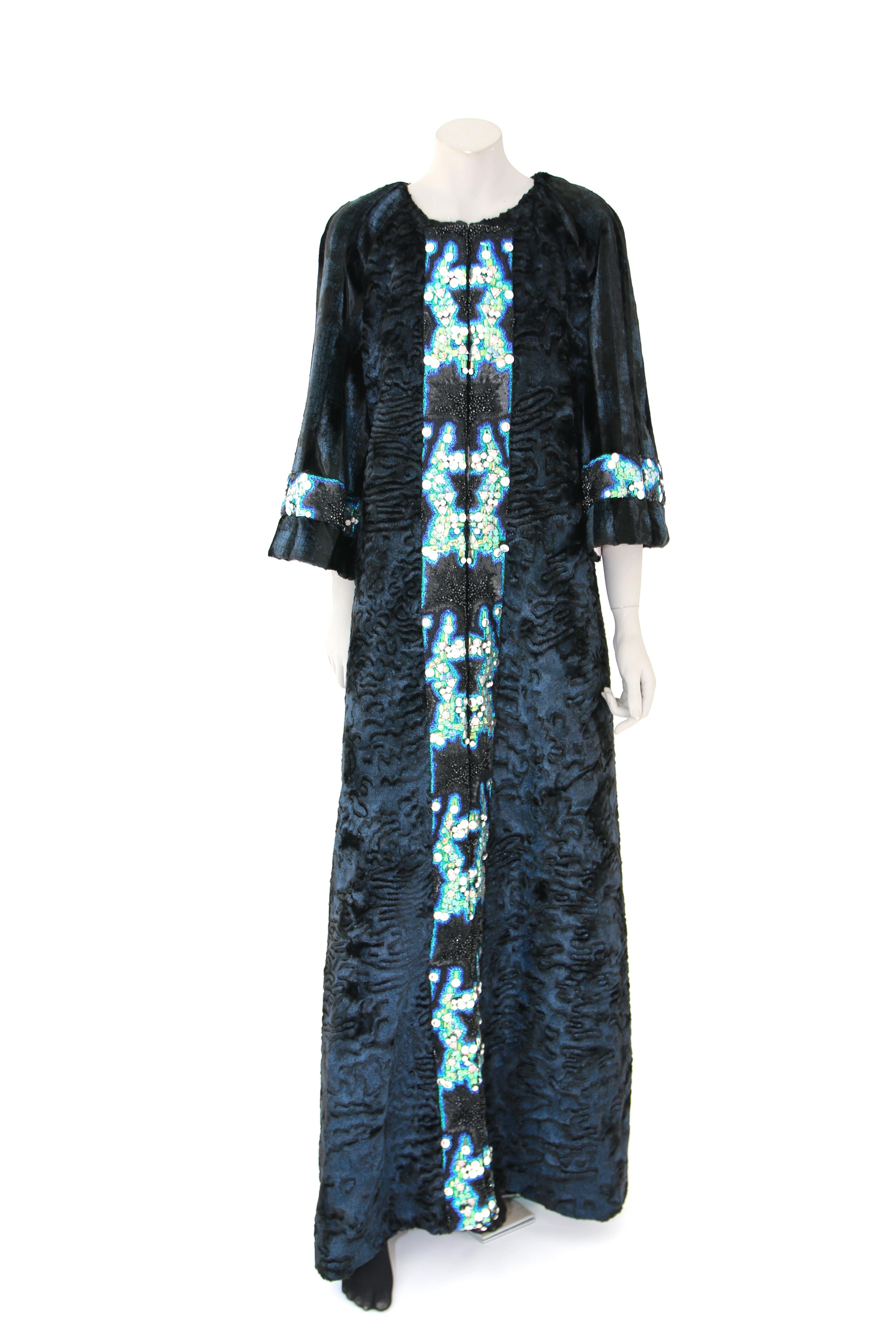 Pelush Blue Faux Fur Astrakhan Caftan Coat W/Embroidery And Detachable Hood - S For Sale 3