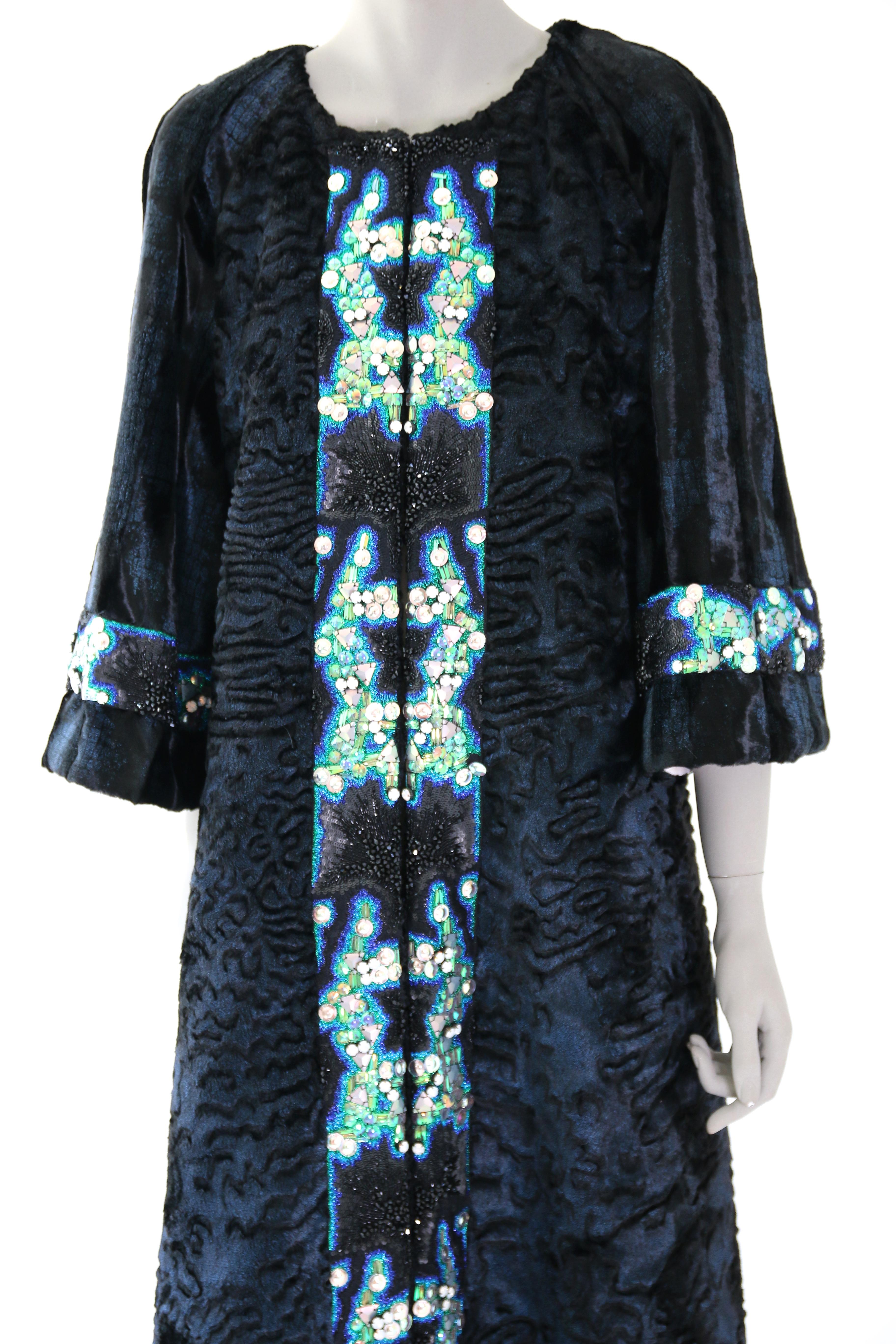 Pelush Blue Faux Fur Astrakhan Caftan Coat W/Embroidery And Detachable Hood - S For Sale 4