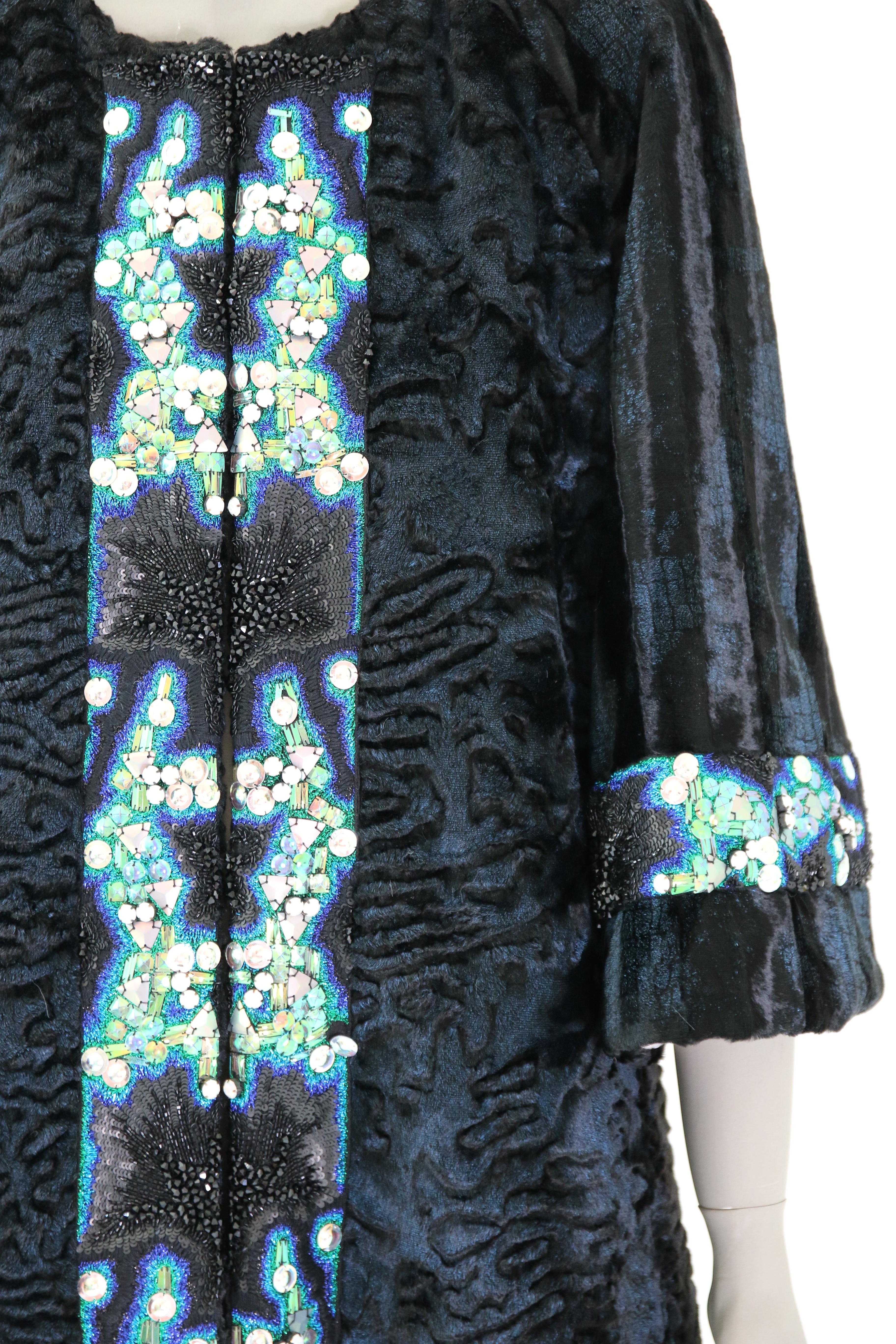 Pelush Blue Faux Fur Astrakhan Caftan Coat W/Embroidery And Detachable Hood - S For Sale 5