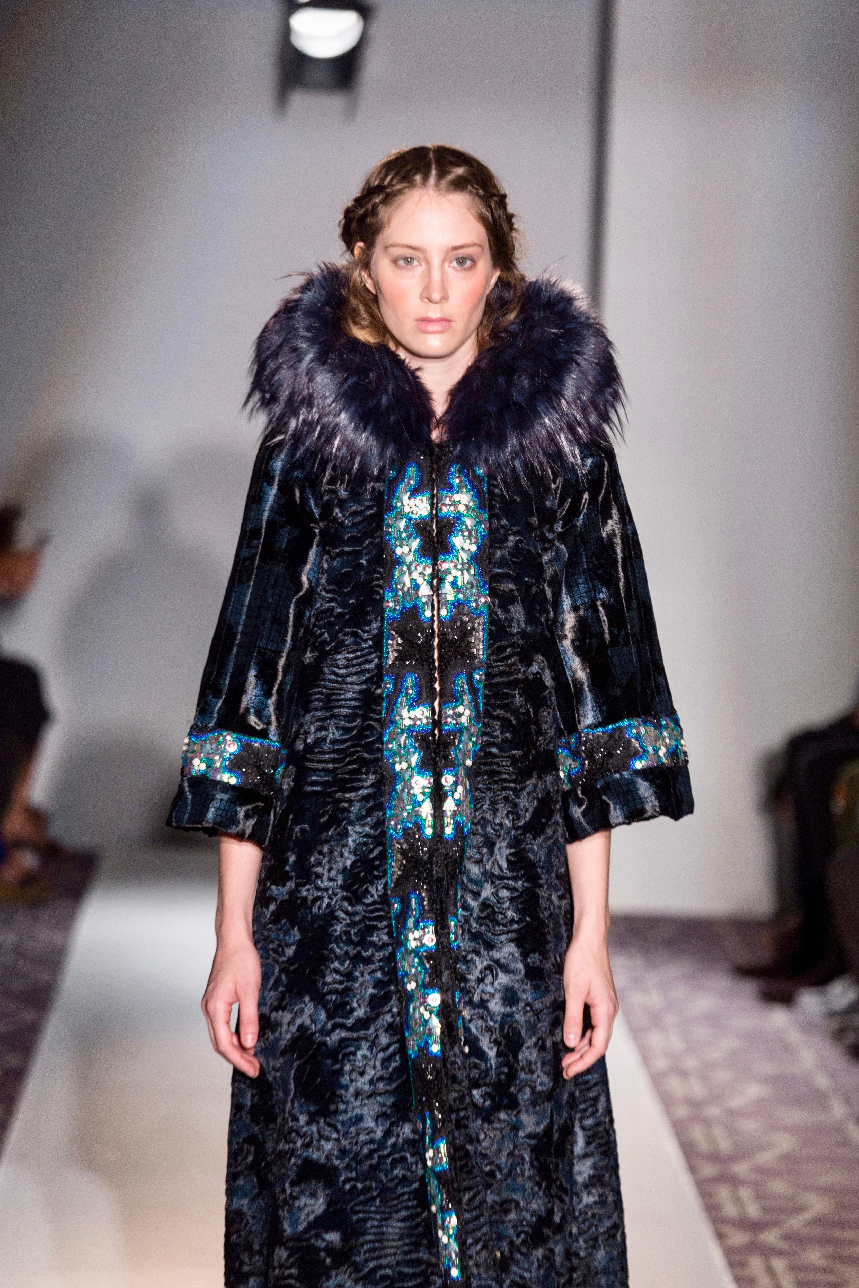 Pelush Blue Faux Fur Astrakhan Caftan Coat W/Embroidery And Detachable Hood - S For Sale 10