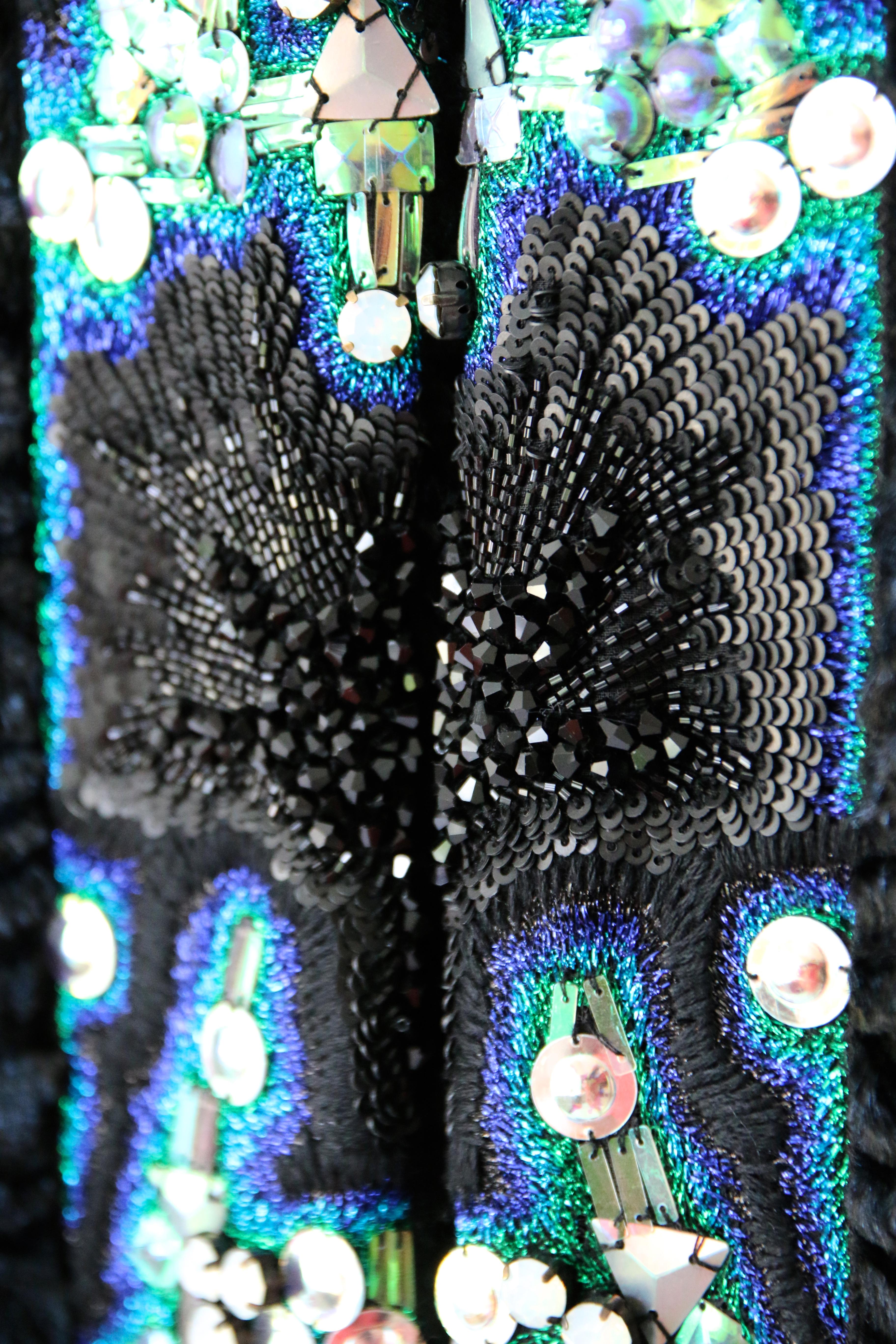 Black Pelush Blue Faux Fur Astrakhan Caftan Coat W/Embroidery And Detachable Hood - S For Sale