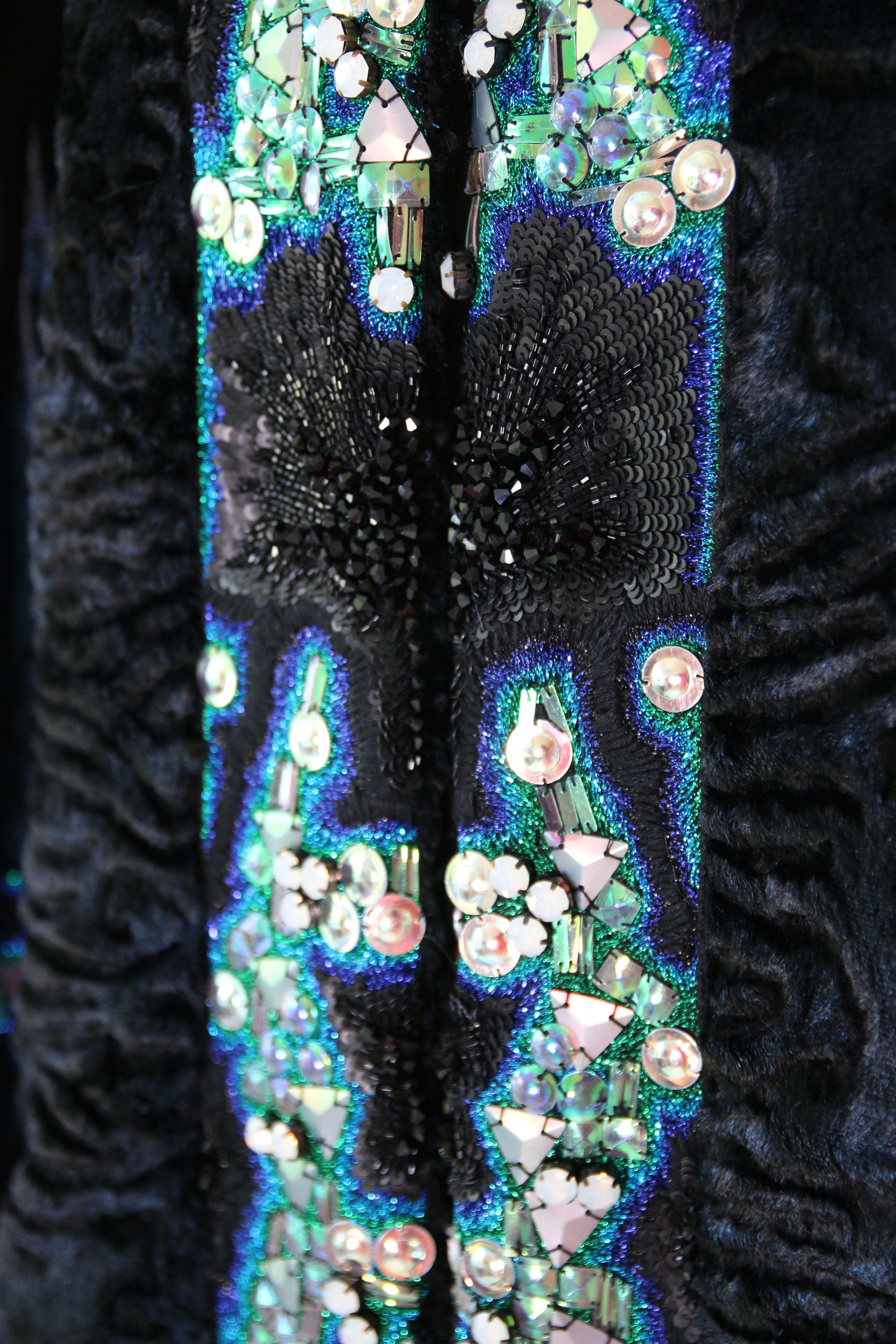 Pelush Blue Faux Fur Astrakhan Caftan Coat W/Embroidery And Detachable Hood - S In New Condition For Sale In Greenwich, CT